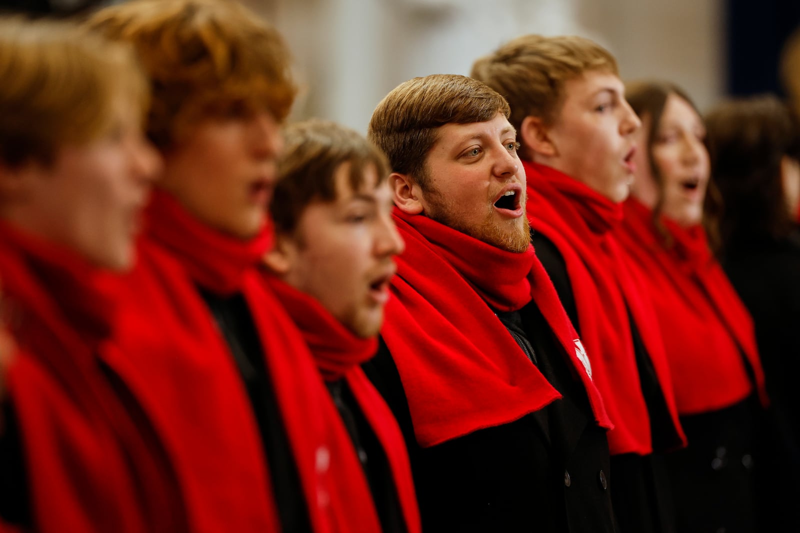 Choir students from the University of Nebraska-Lincoln practice before the 60th Presidential Inauguration in the Rotunda of the U.S. Capitol in Washington, Monday, Jan. 20, 2025. (Chip Somodevilla/Pool Photo via AP)