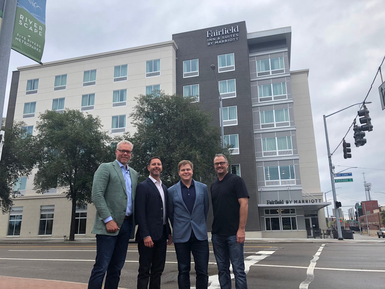 From left to right: Bob Hoying, Brent Crawford, Nelson Yoder and Jason Woodard.  Hoying, Crawford and Yoder are principals with Crawford Hoying. Crawford Hoying and Woodard Development are the developers of the Water Street District and the new Fairfield Inn & Suites by Marriott.  CORY FROLIK / STAFF