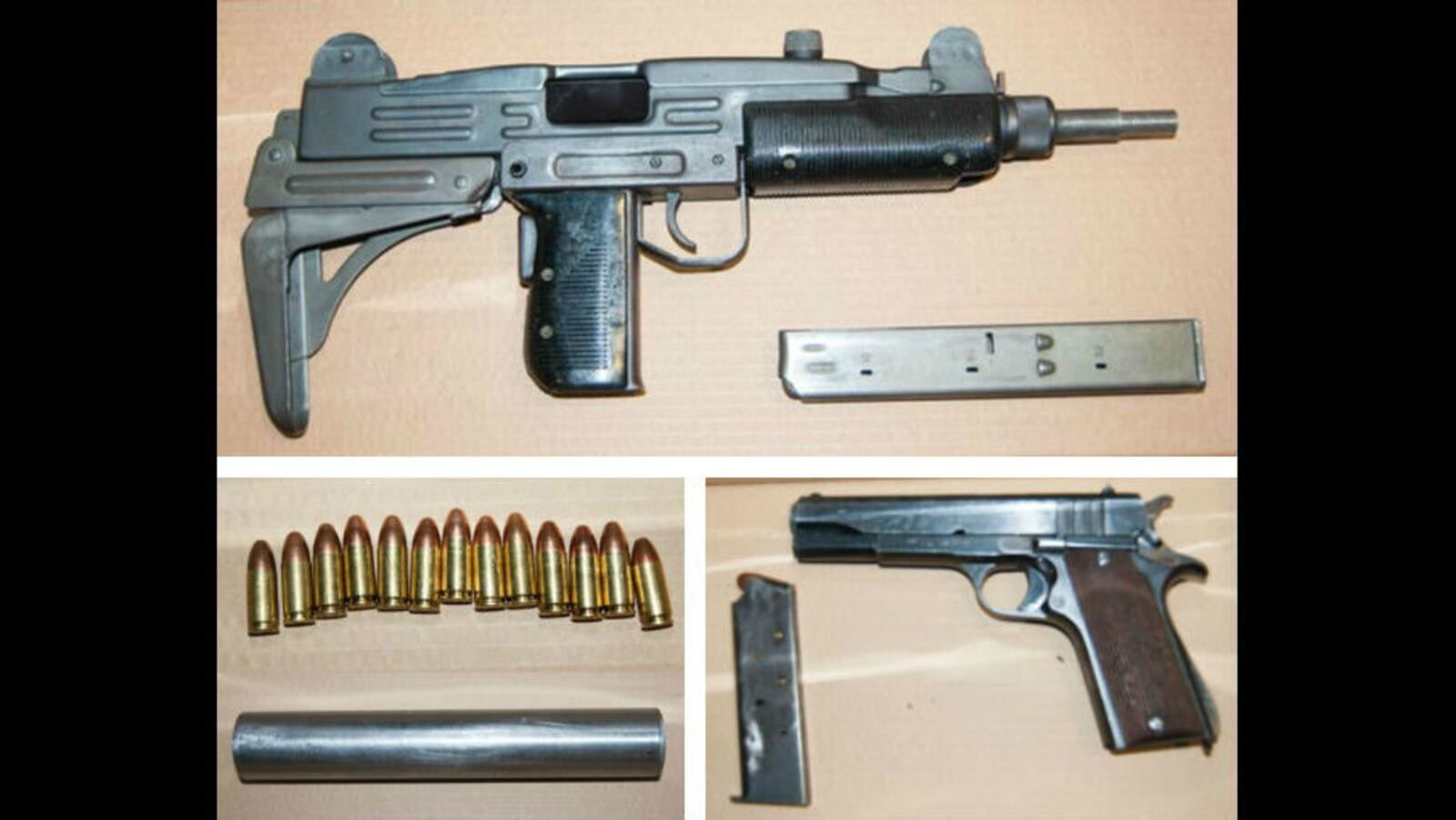 Pictured are Uzi sub-machine gun, ammunition, a silencer and a handgun seized in April 2017 during London police detectives' investigation into a gun ring. More than a half dozen men, including identical triplets, have been convicted in the case.