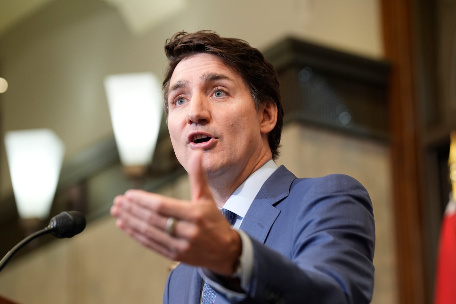 Prime Minister Justin Trudeau holds a news conference on imposed U.S. tariffs in Ottawa on Tuesday, March 4, 2025. (Adrian Wyld /The Canadian Press via AP)