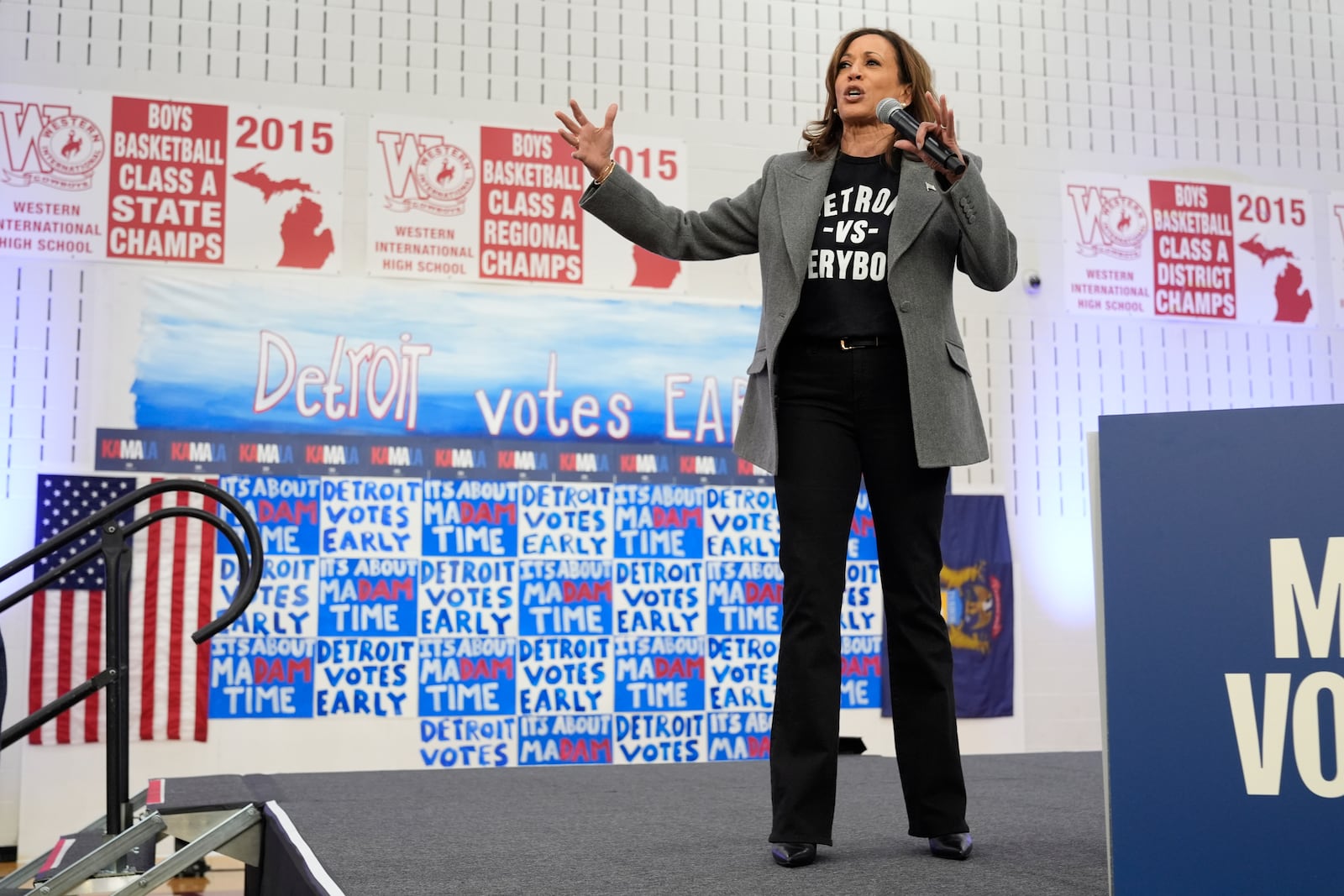 Democratic presidential nominee Vice President Kamala Harris speaks during a campaign event at Western International High School in Detroit, Saturday, Oct. 19, 2024. (AP Photo/Jacquelyn Martin)