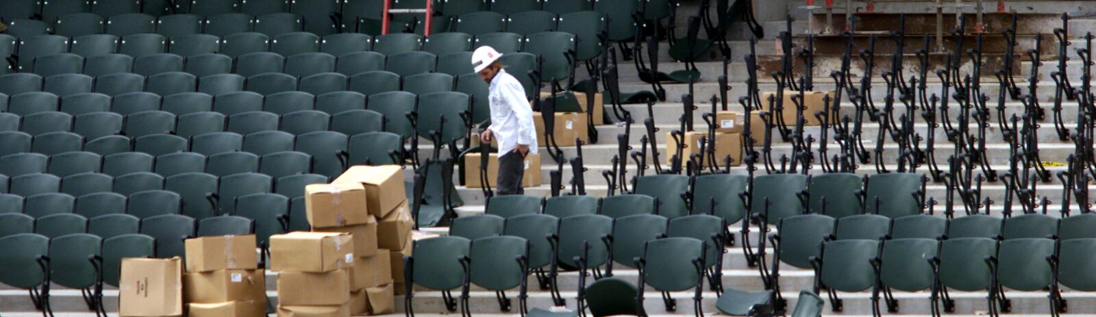 Seats are installed in the new Fifth Third Stadium in 2000.