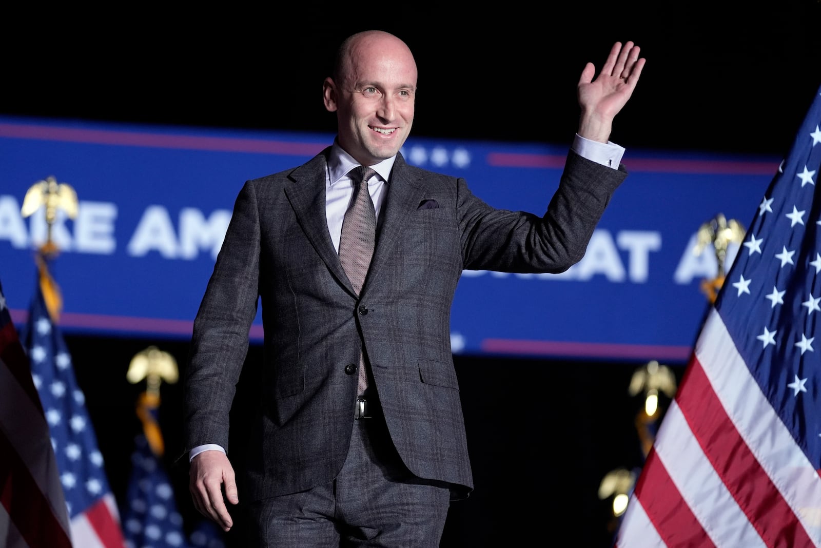 FILE - Stephen Miller arrives before Republican presidential nominee former President Donald Trump speaks during a campaign rally, Friday, Oct. 18, 2024, in Detroit. (AP Photo/Evan Vucci, File)