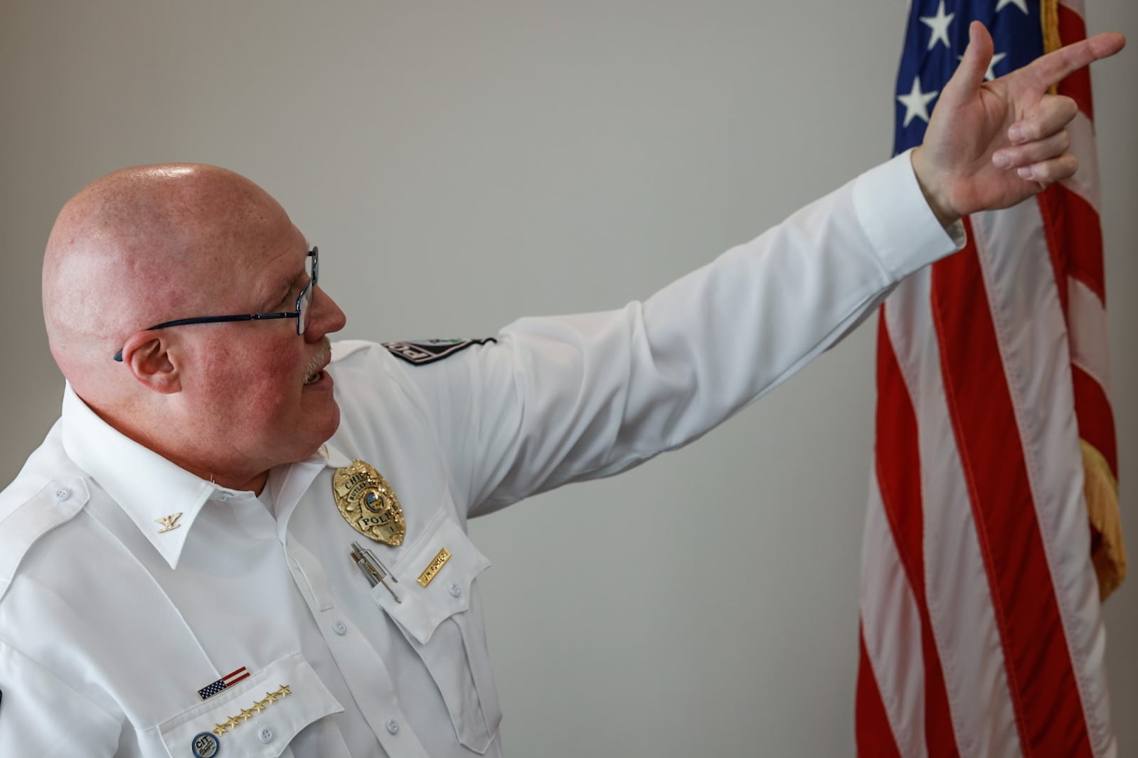 Butler Twp. Chief of Police John Porter speaks at a press conference Wednesday April 19, 2023 at the Huber Heights police headquarters concerning the police shooting of a man on Miller Lane last Thursday night. Both Huber Heights and Butler Twp. officers were involved.  JIM NOELKER/STAFF