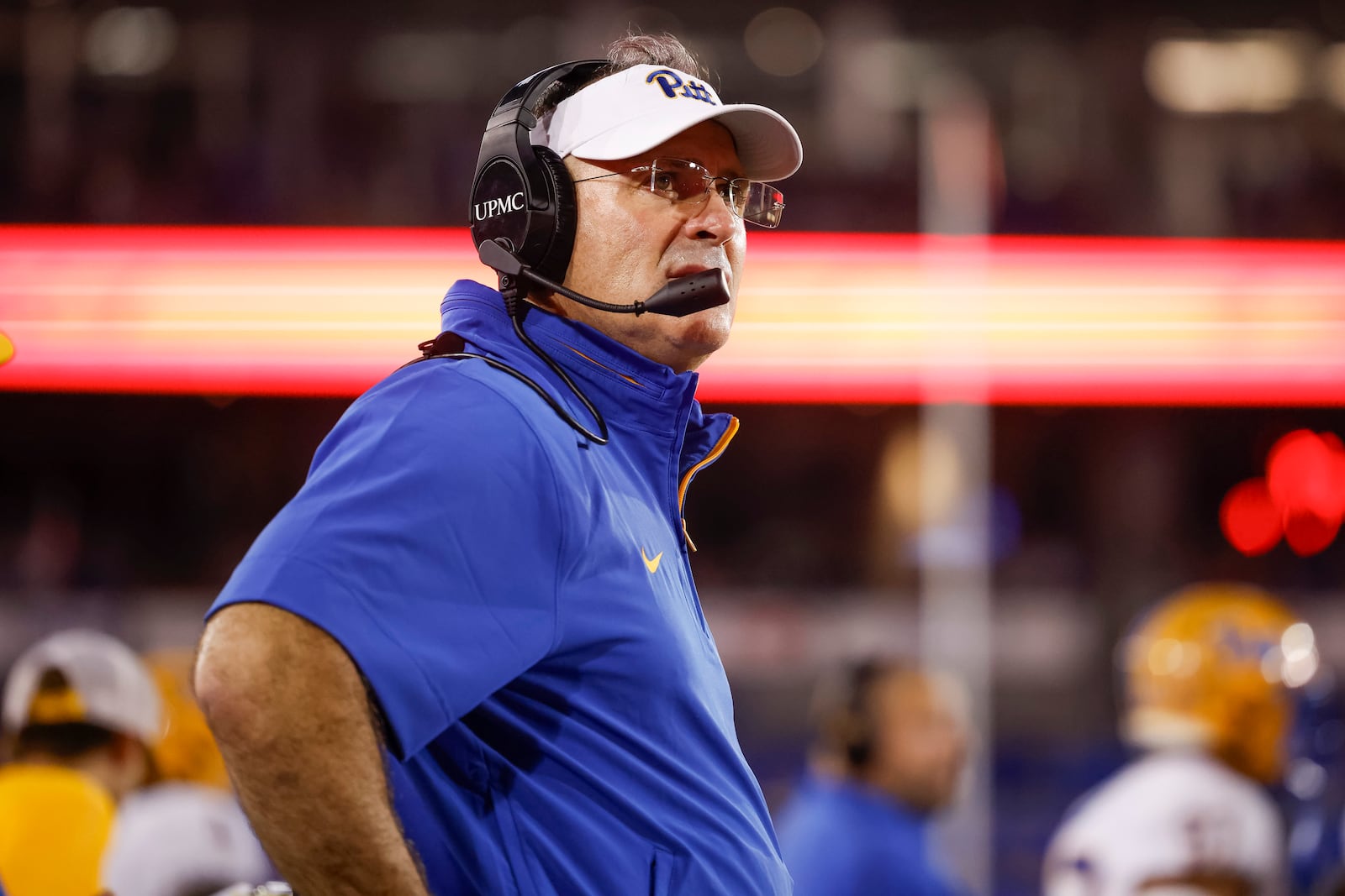 Pittsburgh head coach Pat Narduzzi stands on the sideline during the first half of an NCAA college football game against SMU in Dallas, Saturday, Nov. 2, 2024. (AP Photo/Gareth Patterson)