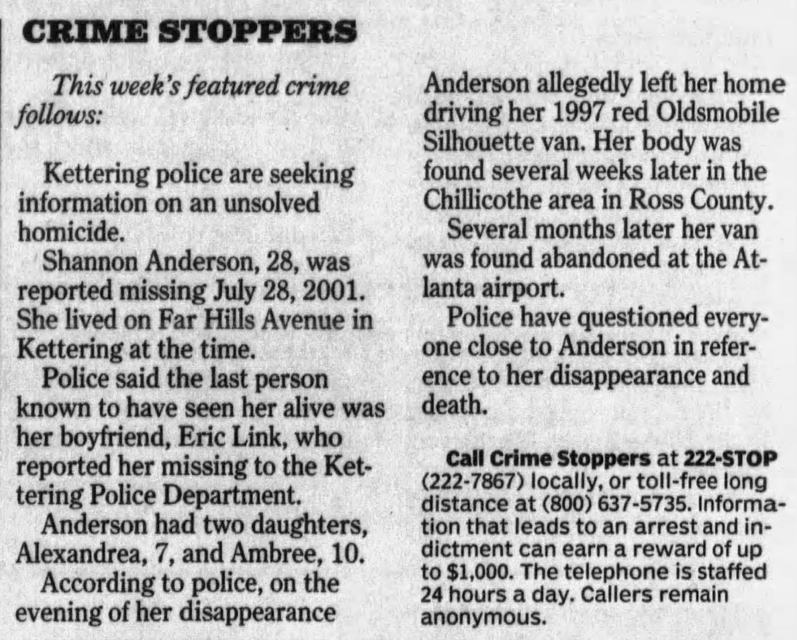 Shannon Anderson featured in a Crime Stoppers report in 2003. DAYTON DAILY NEWS ARCHIVES