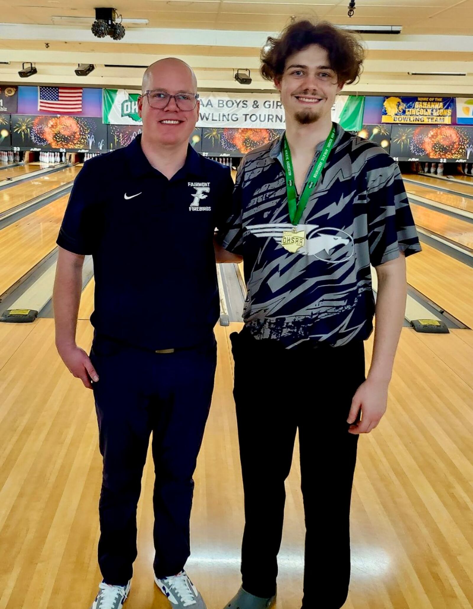 Fairmont senior Isaiah Shannon, pictured with coach Jeremy Fleck, won the Division I boys state bowling championship on Fridya in Columbus. CONTRIBUTED