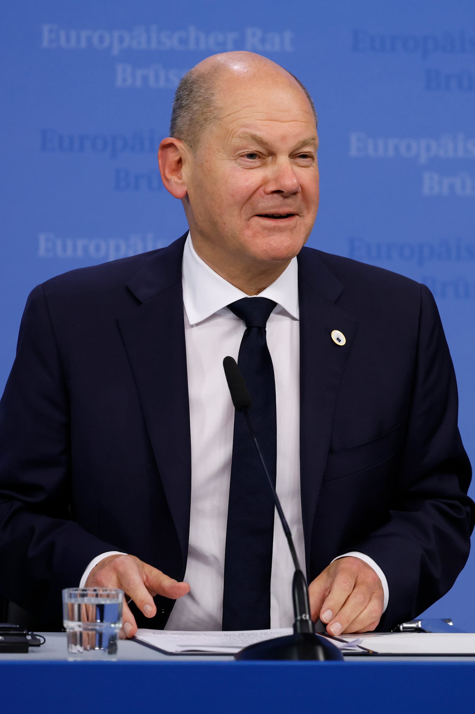 Germany's Chancellor Olaf Scholz speaks during a media conference at an EU summit in Brussels, Thursday, Oct. 17, 2024. (AP Photo/Geert Vanden Wijngaert)