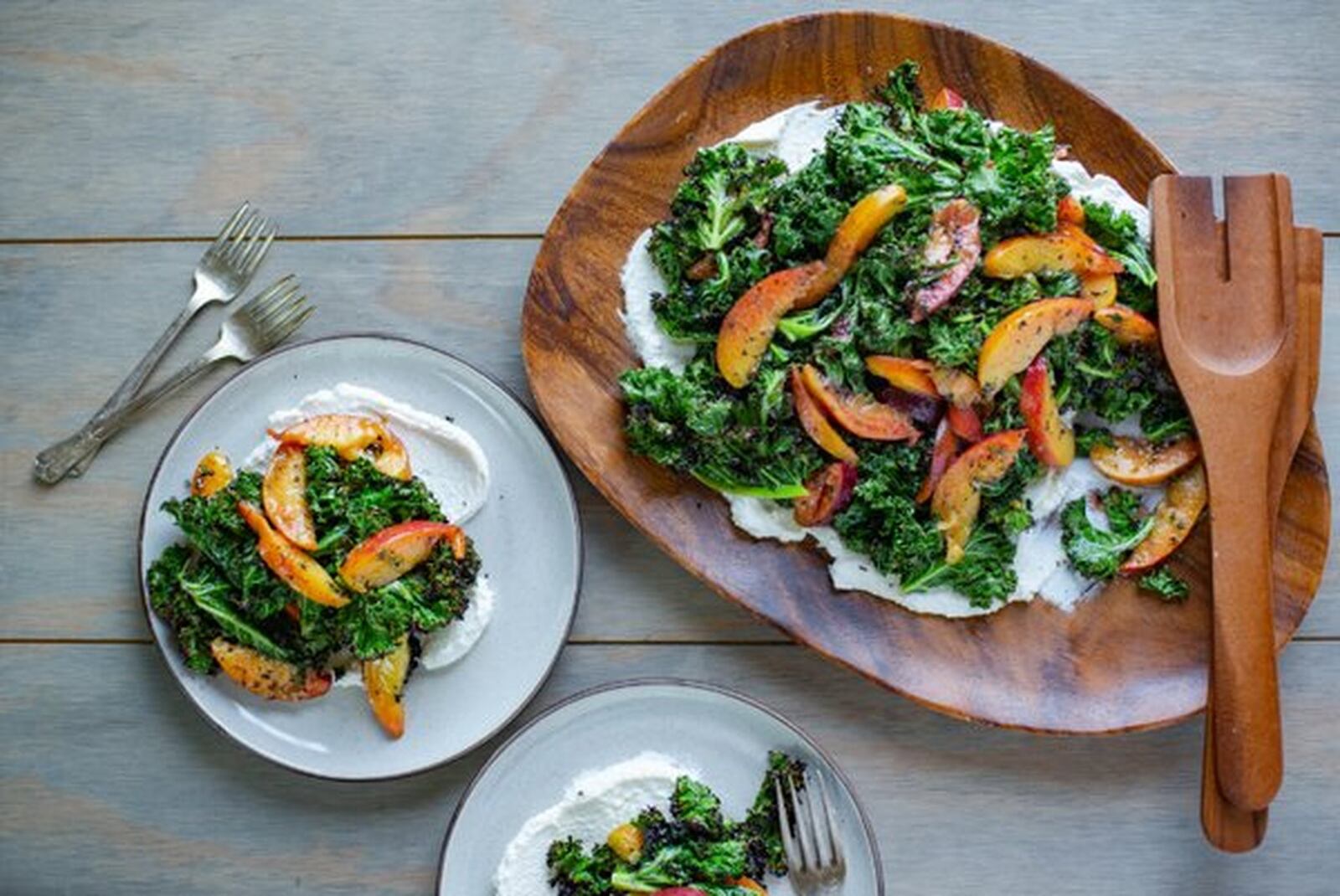 Grilled kale with ricotta and peaches, from The Peach Truck cookbook. CONTRIBUTED