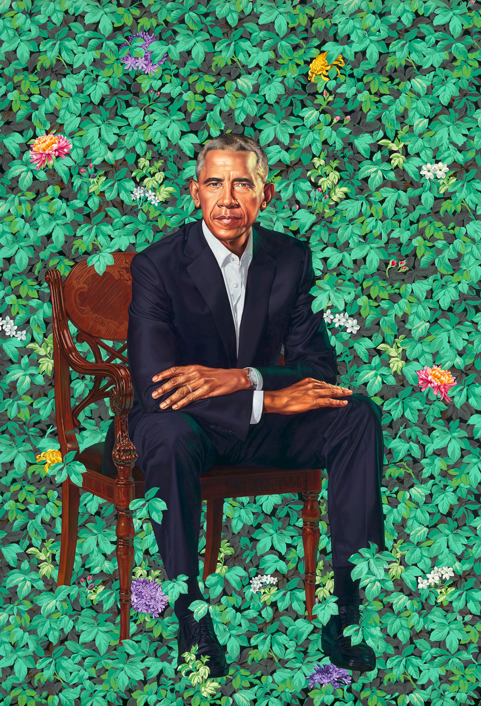 This image provided by the National Portrait Gallery, Smithsonian Institution is of the official portrait of former President Barack Obama, released Monday, Feb. 12, 2018 in Washington.  The portrait artist is Kehinde Wiley.  (Kehinde Wiley/National Portrait Gallery via AP)