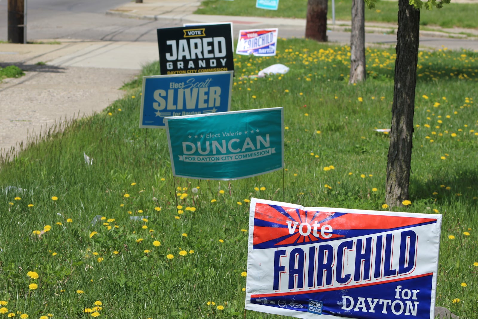 Campaign signs for some of the Dayton City Commission line some grassy lots along Wayne Avenue. CORNELIUS FROLIK / STAFF