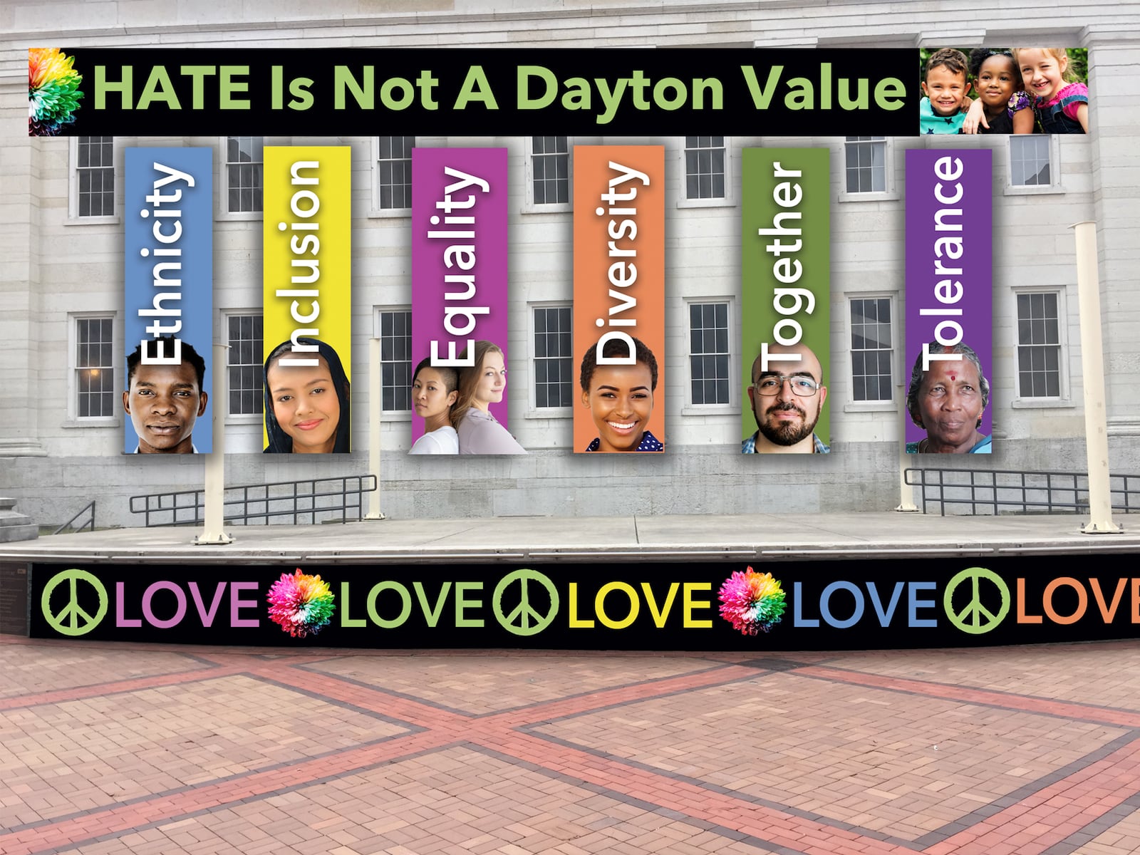 The city of Dayton is proposing banners similar to these concepts be placed on Courthouse Square as a counter message where a Ku Klux Klan group has a permit to rally on May 25. SUBMITTED