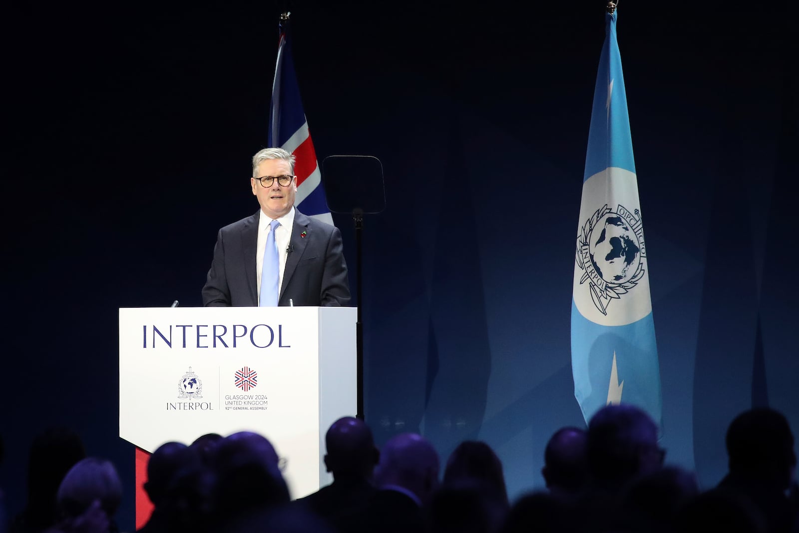 Britain's Prime Minister Keir Starmer speaking at the opening ceremony for the Interpol General Assembly in Glasgow, Scotland Monday, Nov. 4, 2024. (AP Photo/Scott Heppell)