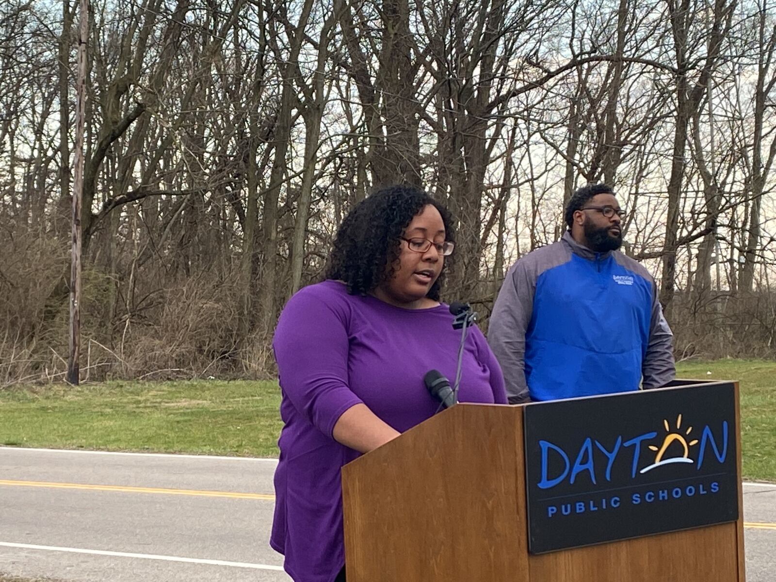 DPS board president Chrisondra Goodwine speaks during a press conference Monday, March 6 about recent comments the RTA CEO made about wanting students off their buses. DPS purchases bus passes to get high school students living in DPS limits to school. Eileen McClory / staff