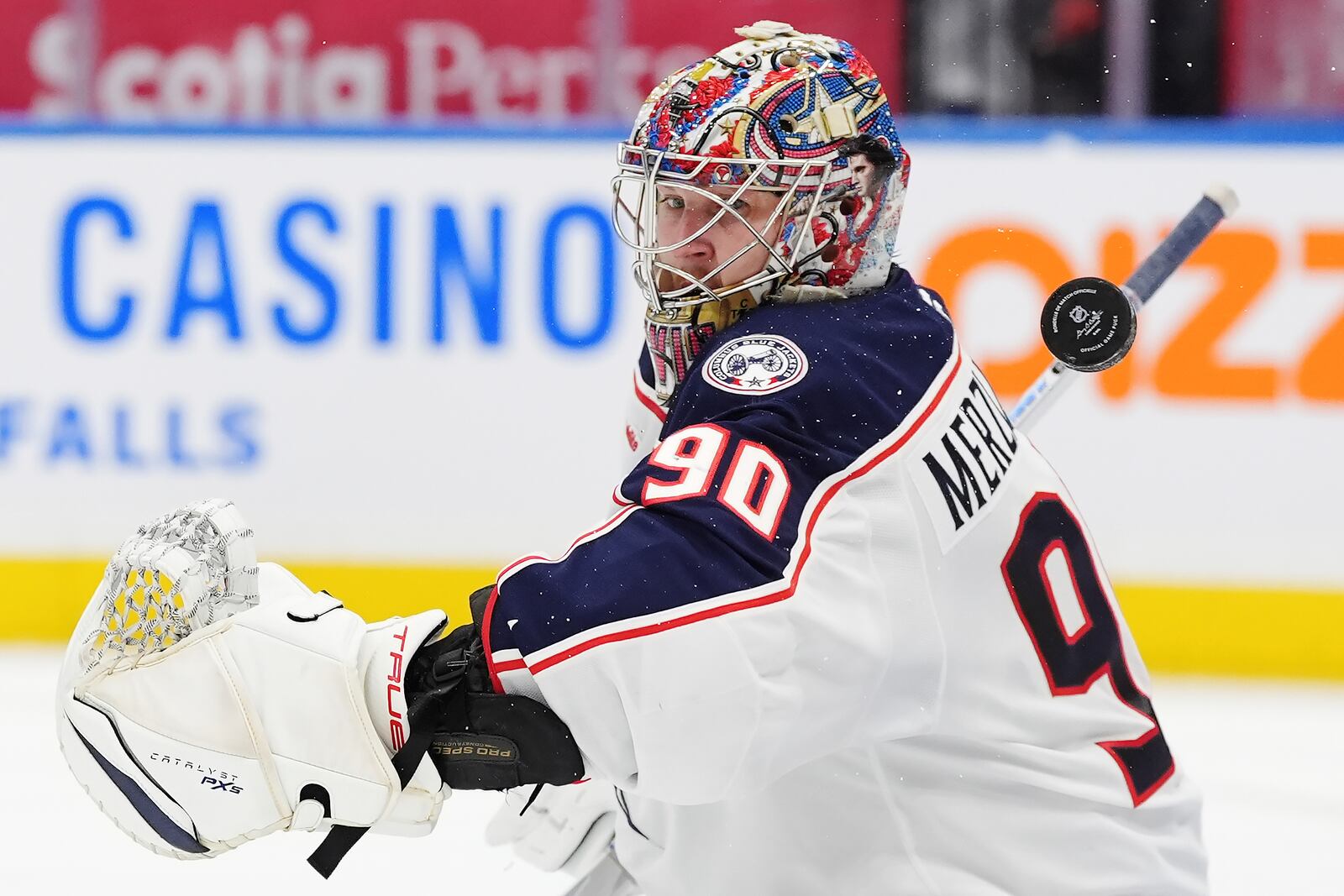 Columbus Blue Jackets goaltender Elvis Merzlikins makes a save against the Toronto Maple Leafs during the second period of an NHL hockey game in Toronto on Wednesday, Jan. 22, 2025. (Frank Gunn/The Canadian Press via AP)