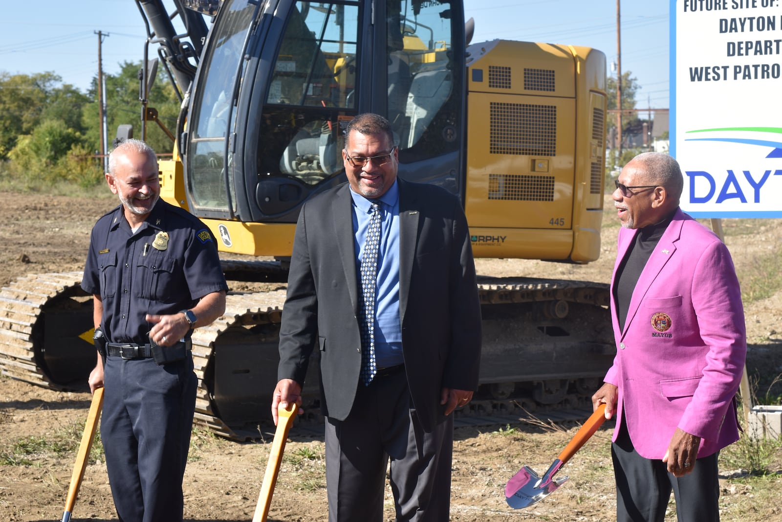 Dayton police Chief Kamran Afzal, Dayton Mayor Jeffrey Mims Jr. and Dayton City Commissioner Chris Shaw at a groundbreaking for the new West Dayton police station on Wednesday, Oct. 9, 2024. CORNELIUS FROLIK / STAFF