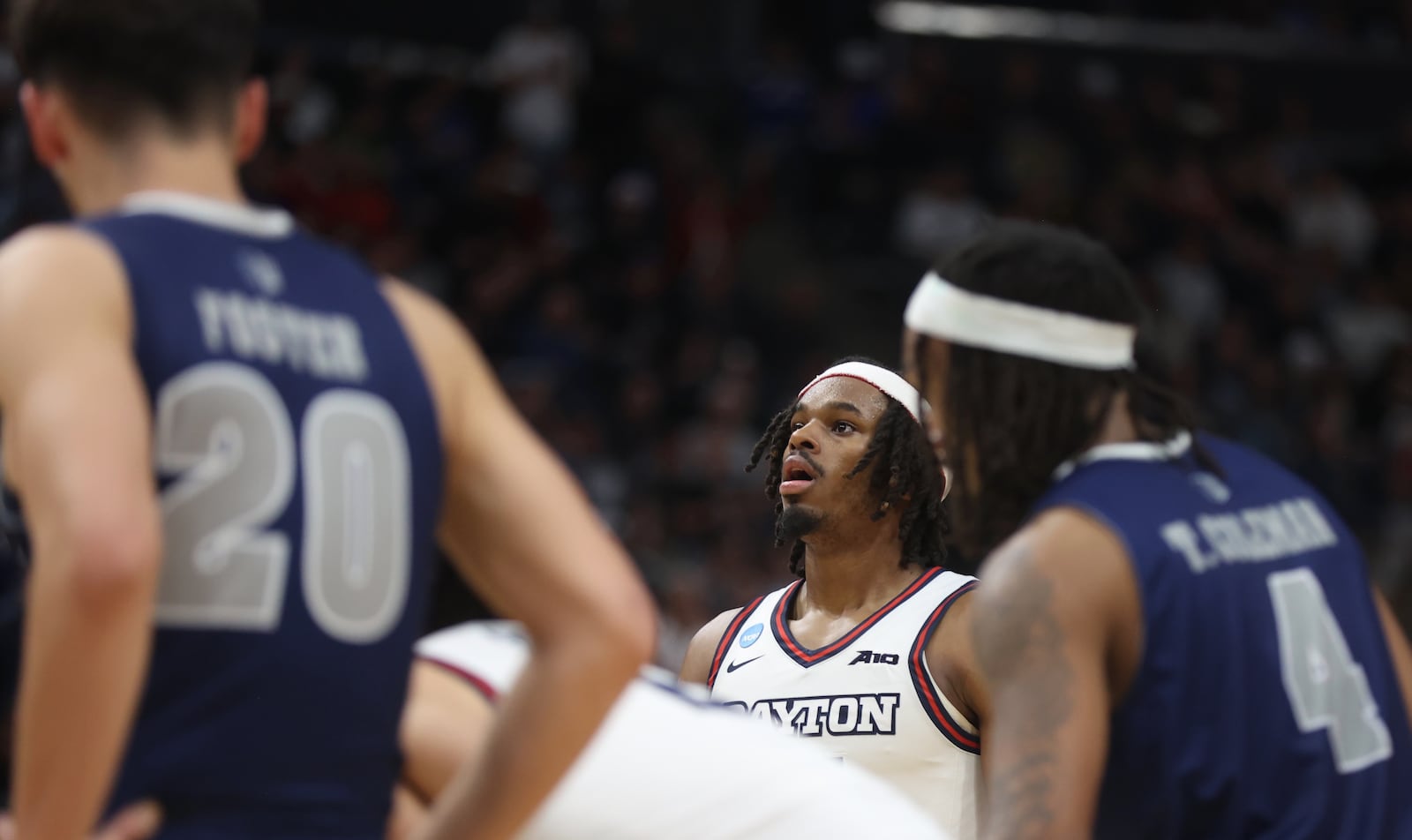 Dayton's DaRon Holmes II prepares to shoot a free throw in a tie game with 2 minutes left against Nevada in the first round of the NCAA tournament on Thursday, March 21, 2024, at the Delta Center in Salt Lake City, Utah. David Jablonski/Staff