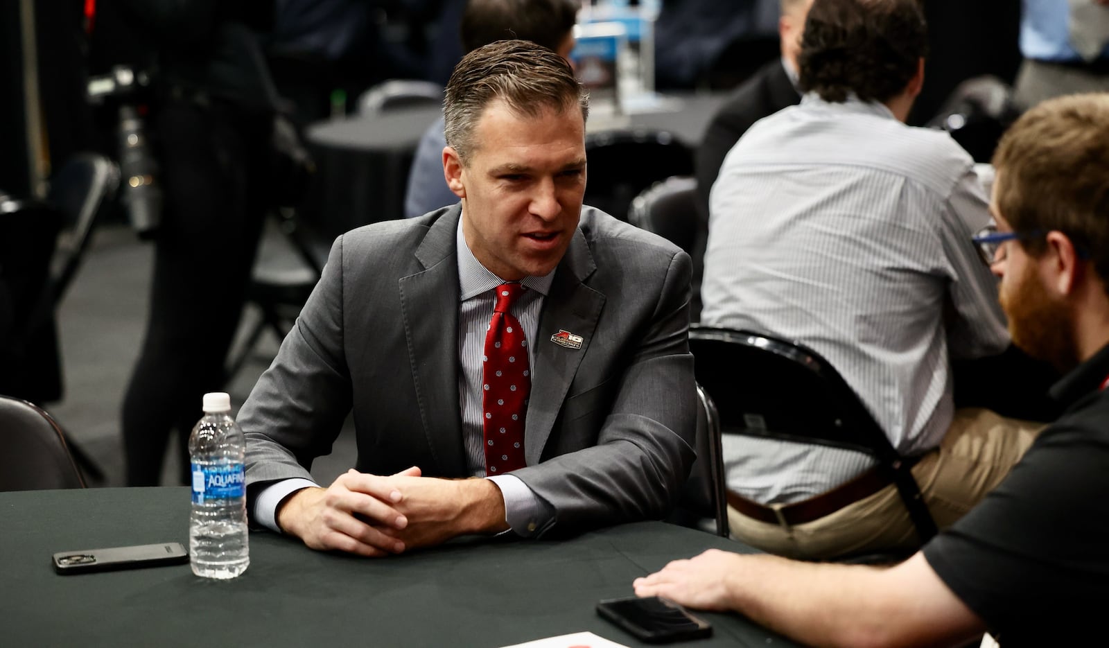 Davidson coach Matt McKillop talks to reporters at Atlantic 10 Conference Media Day on Thursday, Oct. 13, 2022, at the Barclays Center in Brooklyn, N.Y. David Jablonski/Staff