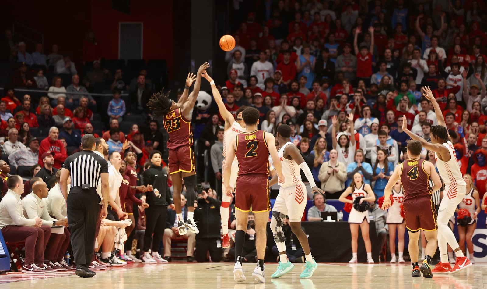 Loyola's Philip Alston makes a game-tying 3-pointer in the final second of the second half against Dayton on Tuesday, Jan. 31, 2023, at UD Arena. David Jablonski/Staff