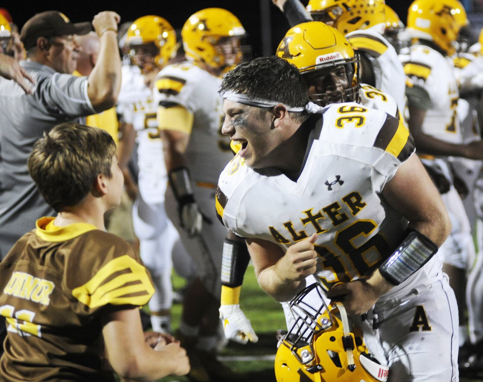 Alter’s Peter Riazzi celebrates. Alter defeated host Centerville 10-7 in a Week 3 high school football game on Friday, Sept. 7, 2018. MARC PENDLETON / STAFF