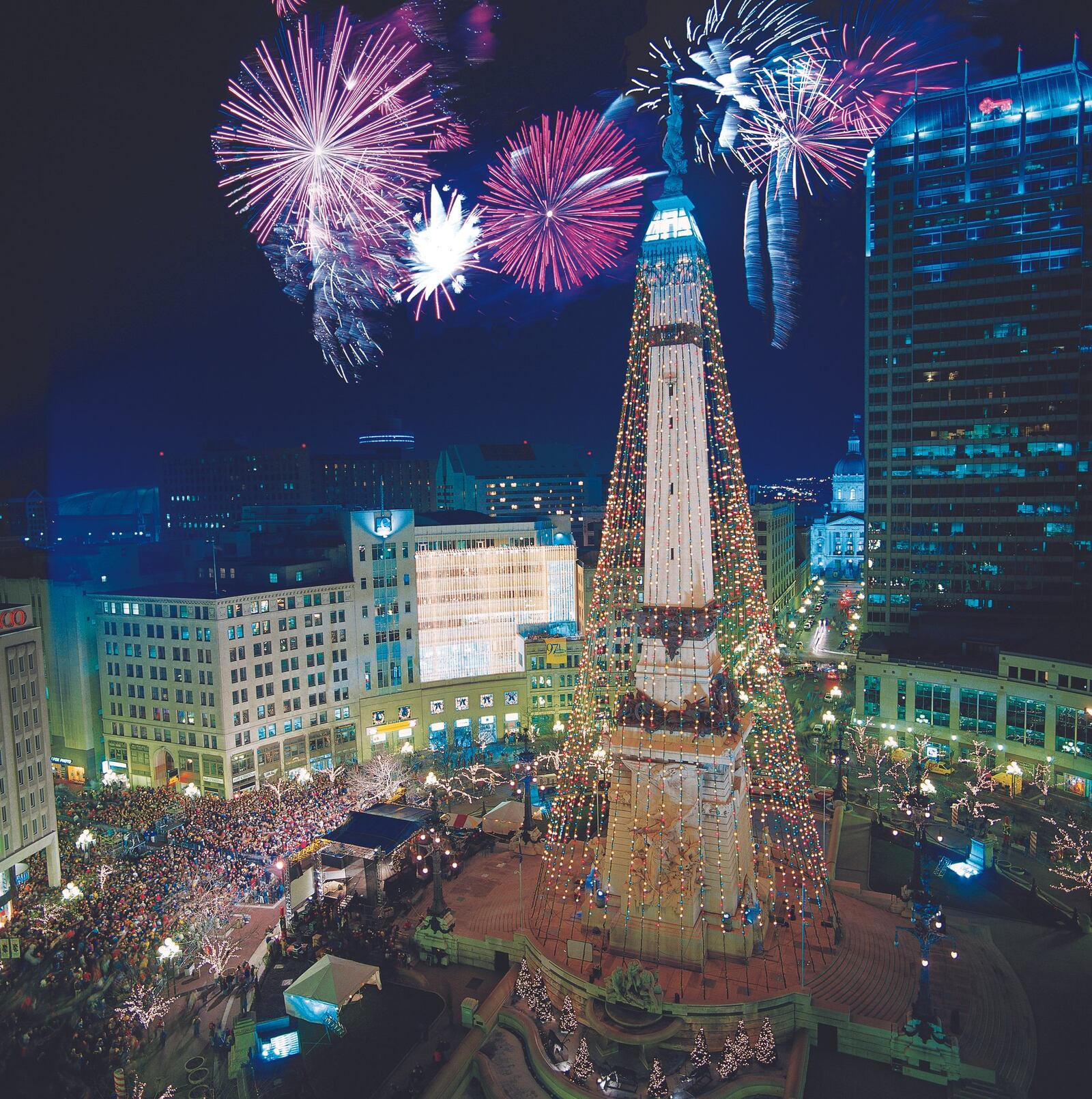 Holiday lights at Monument Circle in Indianapolis.