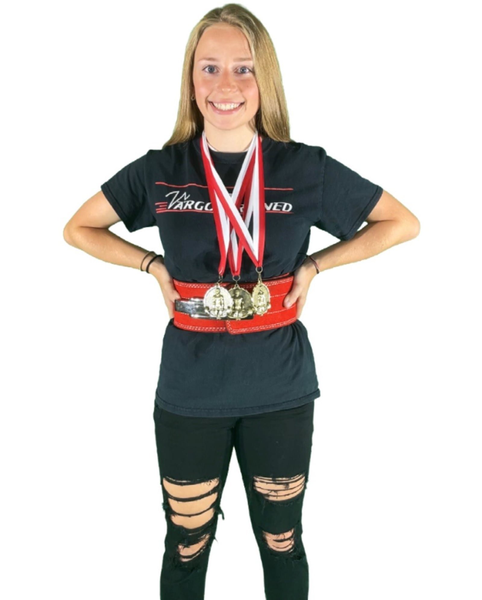 Tippecanoe's Ayeva Tilley with three of her medals. She is a cheerleader power lifter, sprinter on the high school track team and previously played shortstop for the Red Devils softball team. CONTRIBUTED