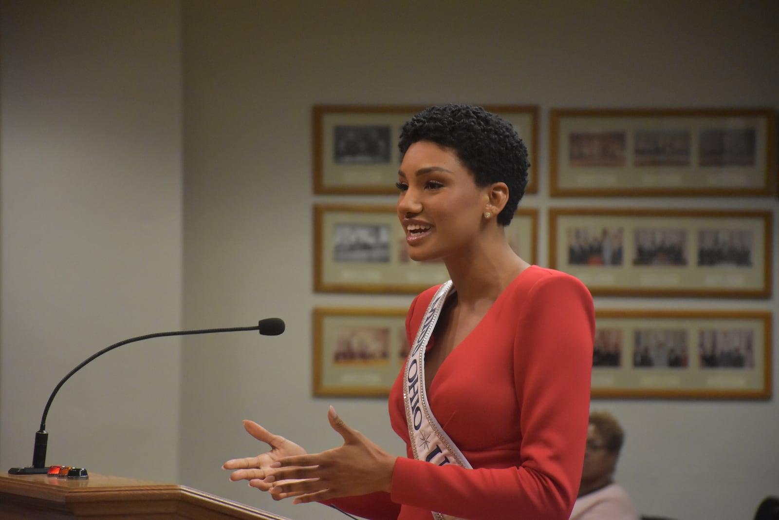 Macy Hudson, a 2017 Stivers School for the Arts graduate, was crowned Miss Ohio in May. She will compete at the 73rd Miss USA Pageant in August. Hudson visited Dayton City Hall on June 26, 2024. CORNELIUS FROLIK / STAFF