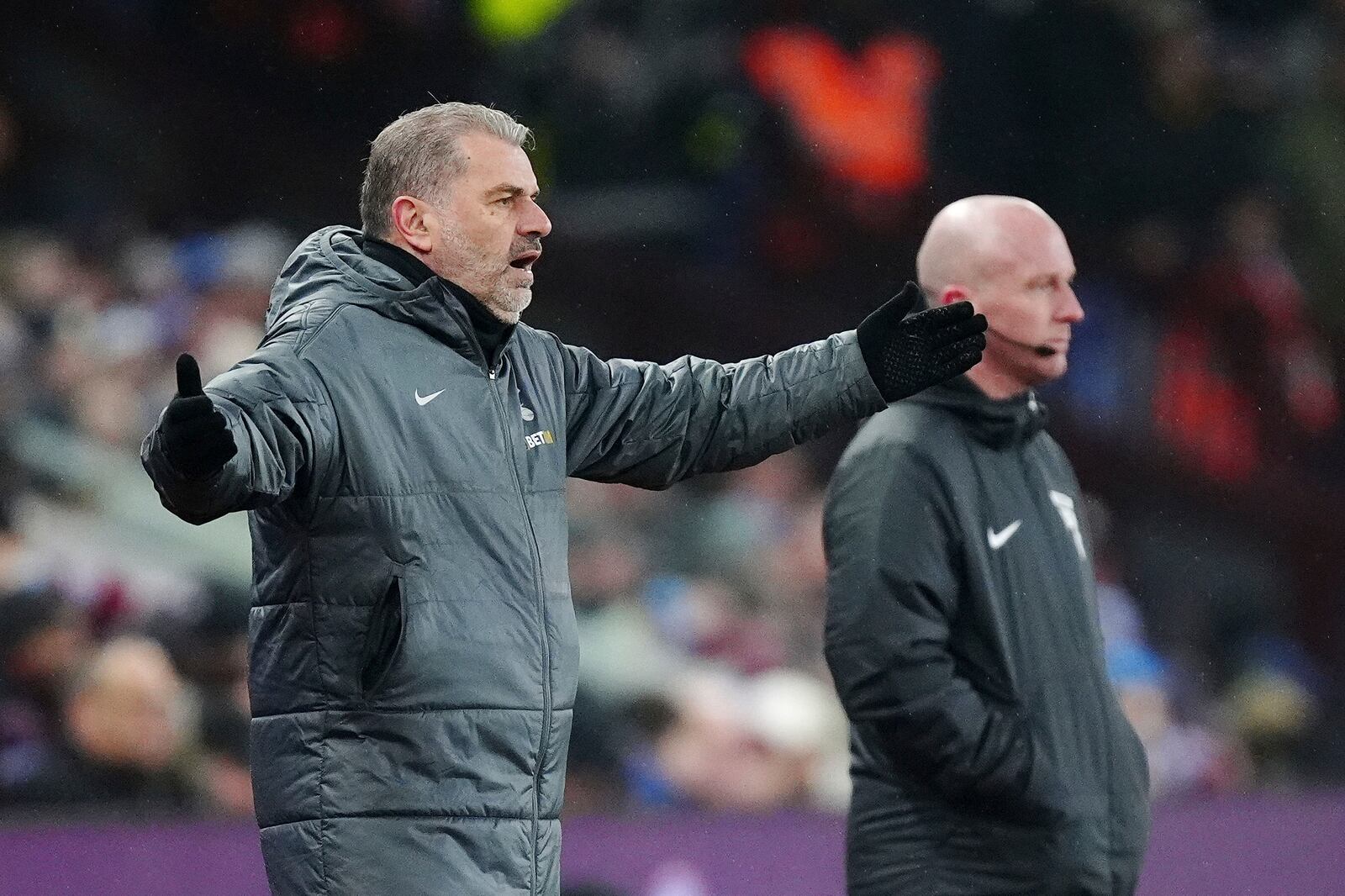 Tottenham Hotspur manager Ange Postecoglou on the touchline during the English FA Cup fourth round soccer match between Aston Villa and Tottenham Hotspur at Villa Park, Birmingham, England, Sunday Feb. 9, 2025. (Mike Egerton/PA via AP)