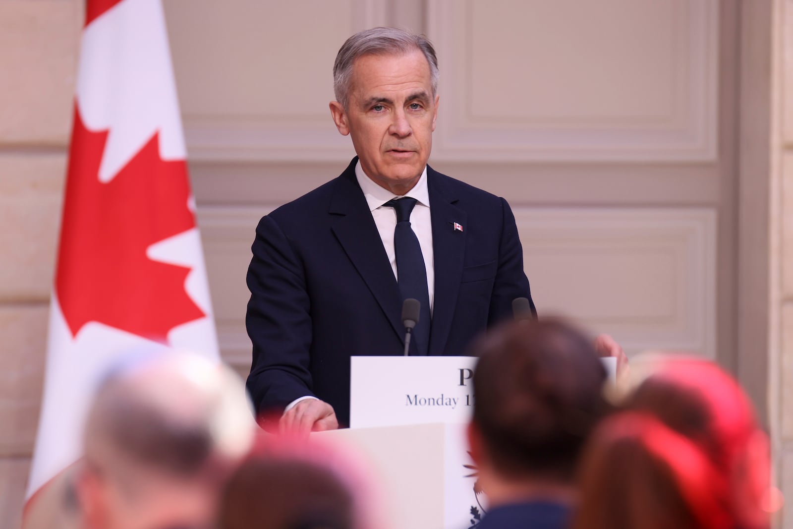 Canada's Prime Minister Mark Carney attends a joint statement with French President Emmanuel Macron Monday, March 17, 2025 at the Elysee Palace in Paris. (AP Photo/Thomas Padilla; Pool)