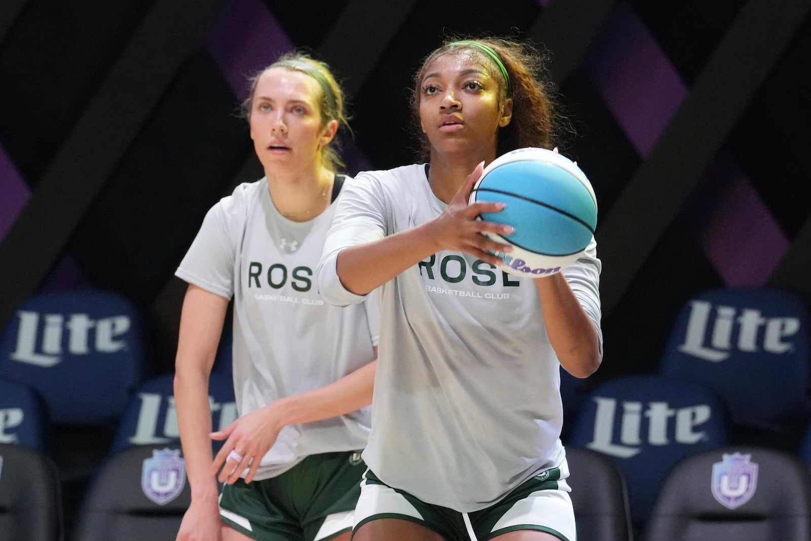 Rose's Angel Reese, right, and Lexie Hull practice, Thursday, Jan. 16, 2025, in Medley, Fla., as the new 3-on-3 women's basketball league Unrivaled tips off this weekend. (AP Photo/Marta Lavandier)