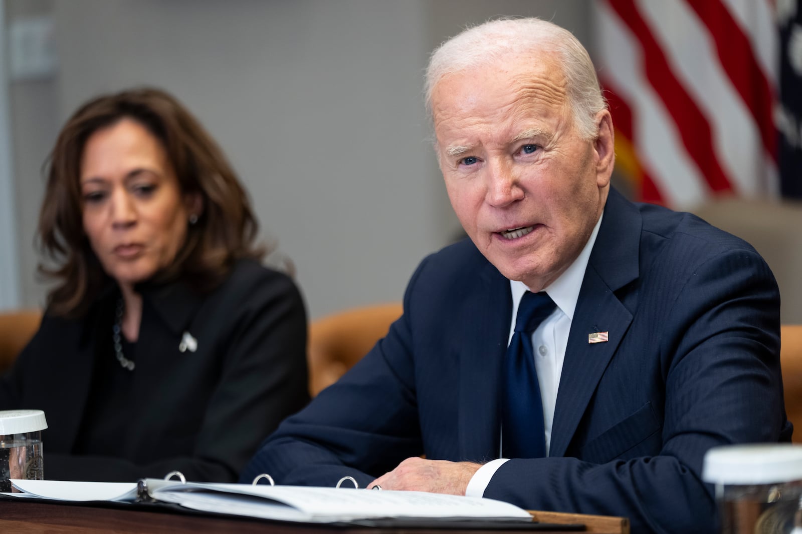 President Joe Biden and Vice President Kamala Harris lead a briefing regarding the federal response to the spread of wildfires in the Los Angeles area, in the Roosevelt Room at the White House in Washington, Thursday, Jan. 9, 2025. (AP Photo/Ben Curtis)