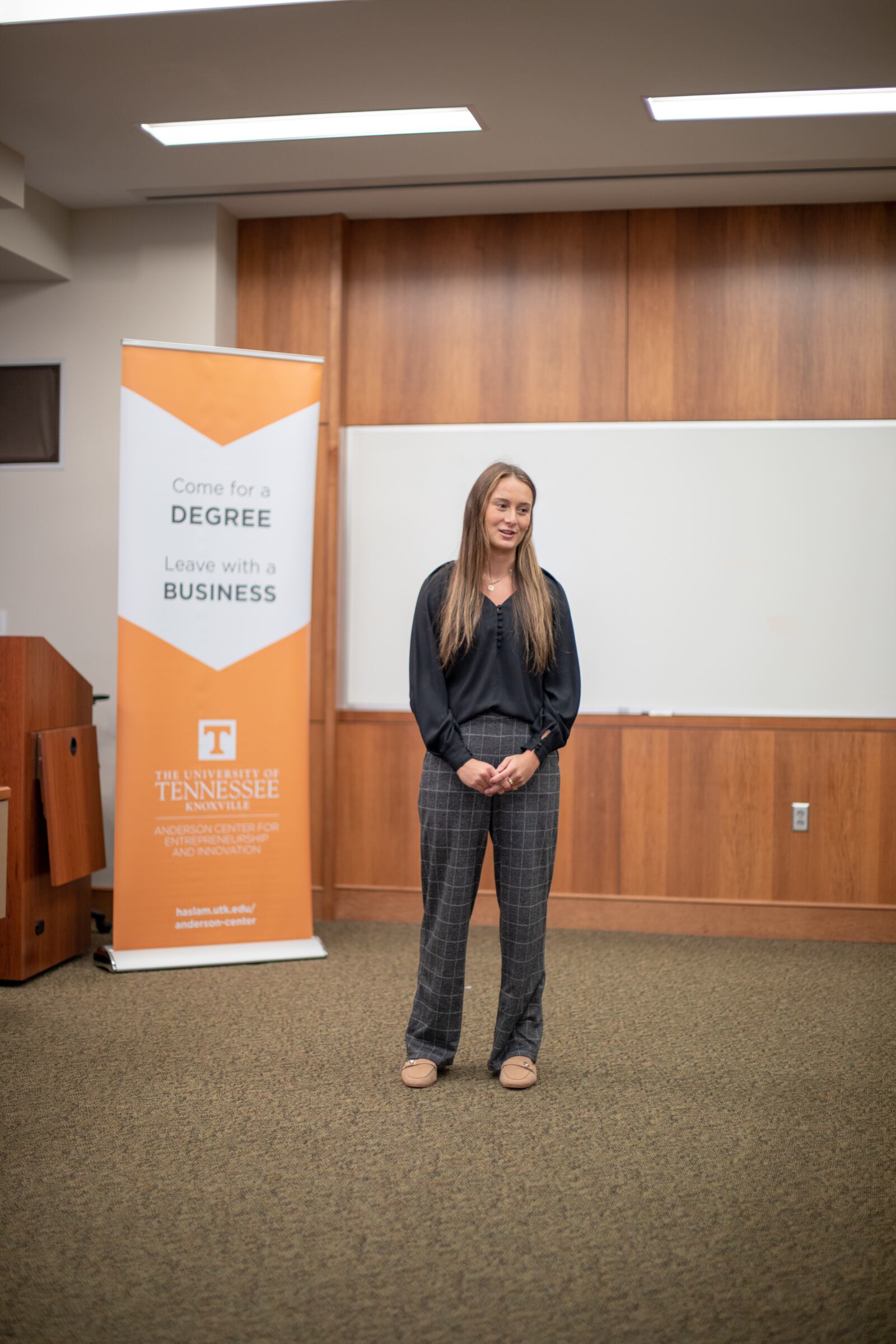 Taylor Gingrich, a senior industrial engineering major at UT, gives her presentation at Vol Court. CONTRIBUTED PHOTO