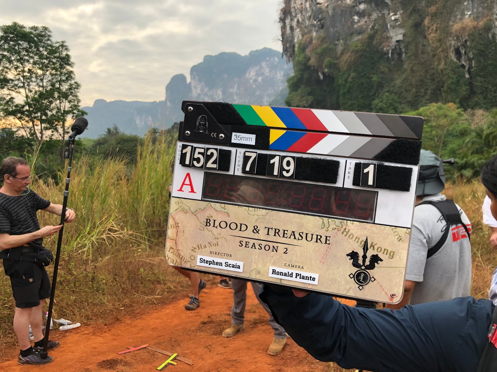 The clapboard of an episode of the Paramount+ series, “Blood & Treasure,” directed by co-creator Stephen Scaia.