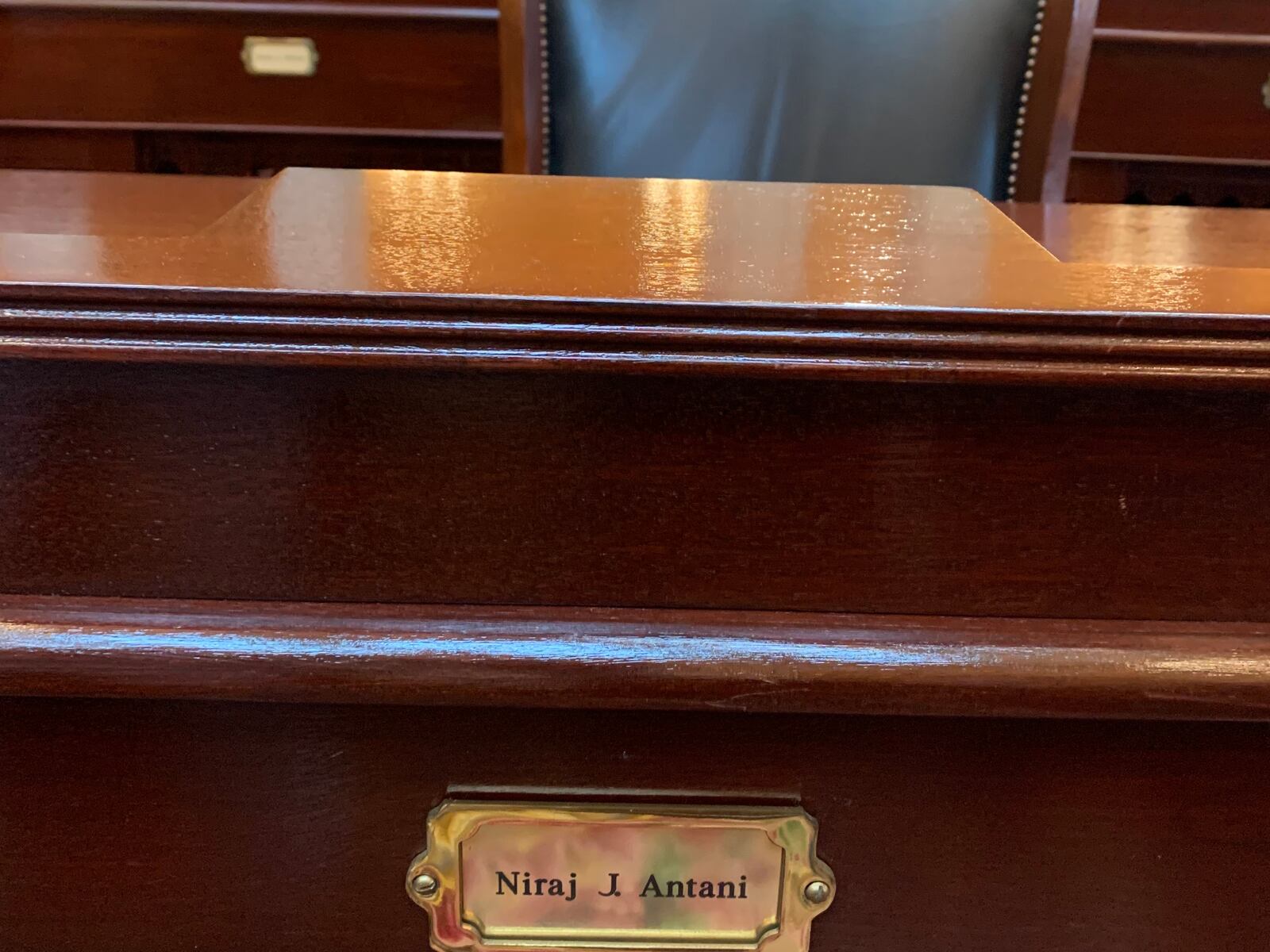 Sen. Niraj Antani's empty chair at the Ohio Statehouse on May 22.