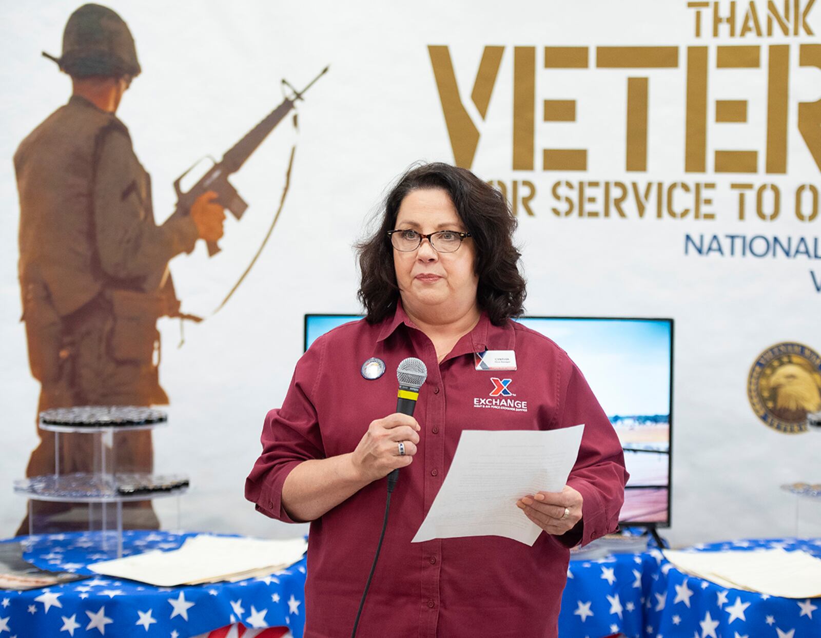 Cynthia Gregg, Main Exchange store manager, speaks during a pinning ceremony March 29 at Wright-Patterson Air Force Base in observance of National Vietnam War Veterans Day. U.S. AIR FORCE PHOTO/R.J. ORIEZ