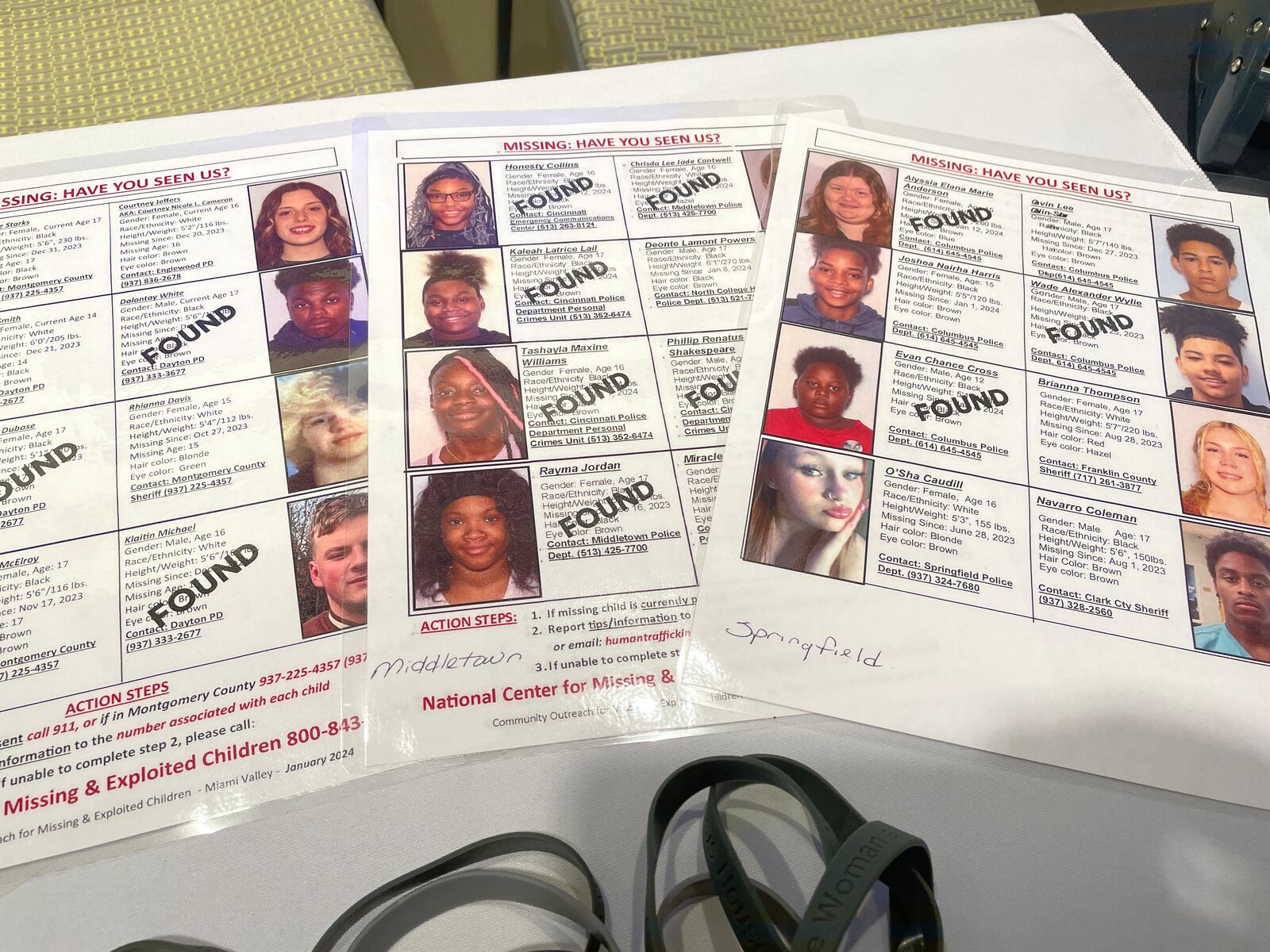 Photos of missing and exploited children on display at a recent summit on the topic of human trafficking hosted by CareSource at its Pamela Morris Center in downtown Dayton. SAMANTHA WILDOW\STAFF