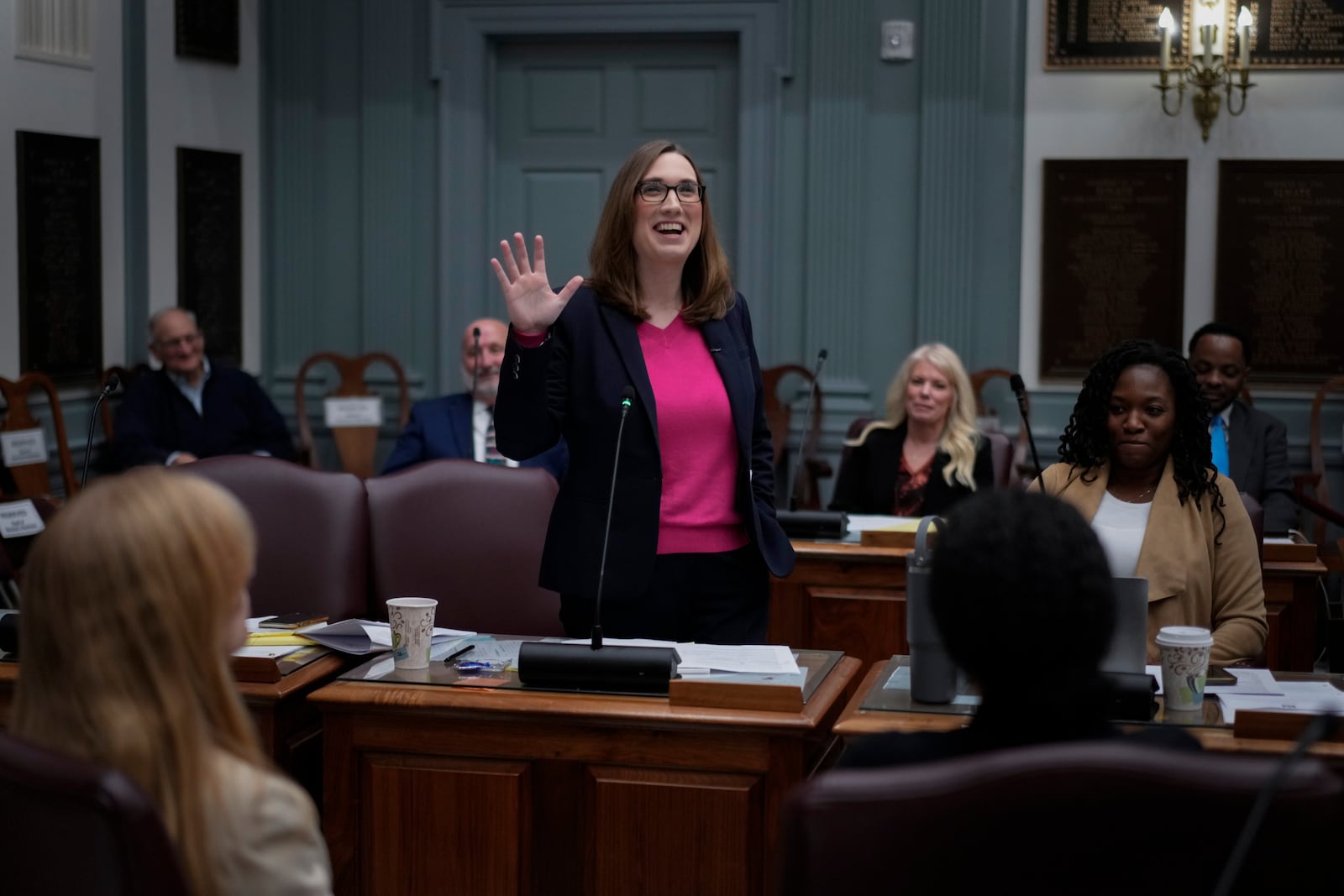 U.S.-Rep.-elect Sarah McBride, D-Del., gives her farewell speech on the Senate floor during a special session, her last day as a Delaware state senator, at the Delaware Legislative Hall in Dover, Del., Monday, Dec. 16, 2024. (AP Photo/Carolyn Kaster)