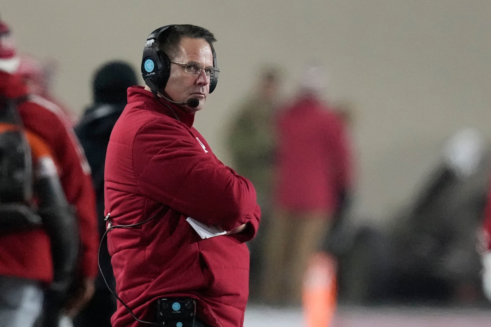 Indiana head coach Curt Cignetti watches during the first half of an NCAA college football game against the Purdue, Saturday, Nov. 30, 2024, in Bloomington, Ind. (AP Photo/Darron Cummings)