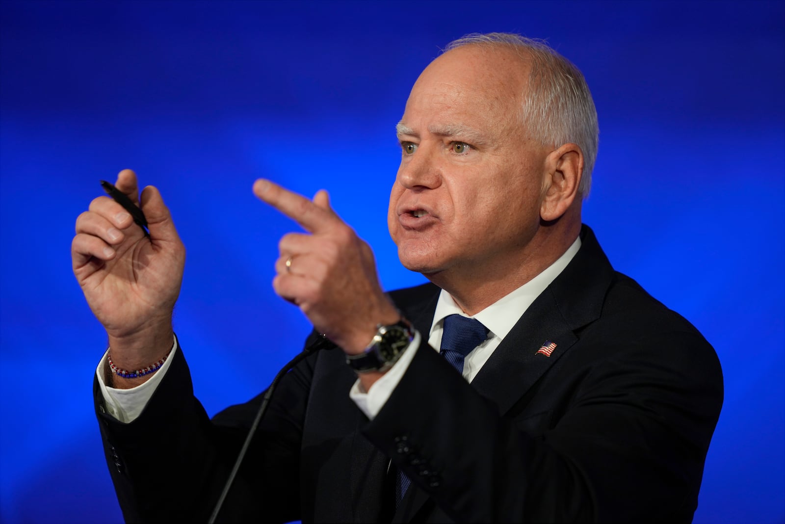 FILE - Democratic vice presidential nominee Minnesota Gov. Tim Walz speaks during a vice presidential debate hosted by CBS News, with Republican vice presidential nominee Sen. JD Vance, R-Ohio, Oct. 1, 2024, in New York. (AP Photo/Matt Rourke)