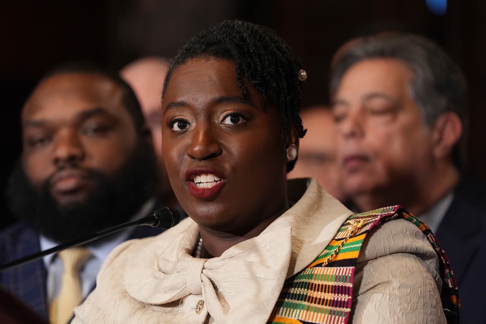 Speaker of the Pennsylvania House of Representatives Joanna McClinton, D-Philadelphia, speaks with members of the media, Tuesday, Feb. 4, 2025, at the state Capitol in Harrisburg, Pa. (AP Photo/Matt Rourke)