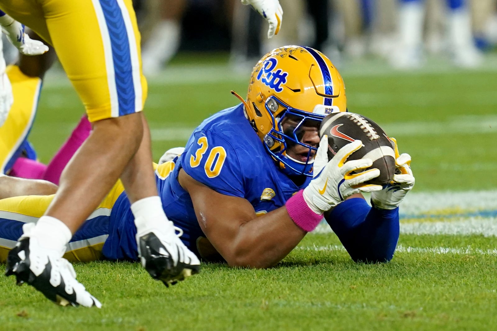 Pittsburgh linebacker Brandon George (30) intercepts a ball during the first half of an NCAA college football game against Syracuse, Thursday, Oct. 24, 2024, in Pittsburgh. (AP Photo/Matt Freed)