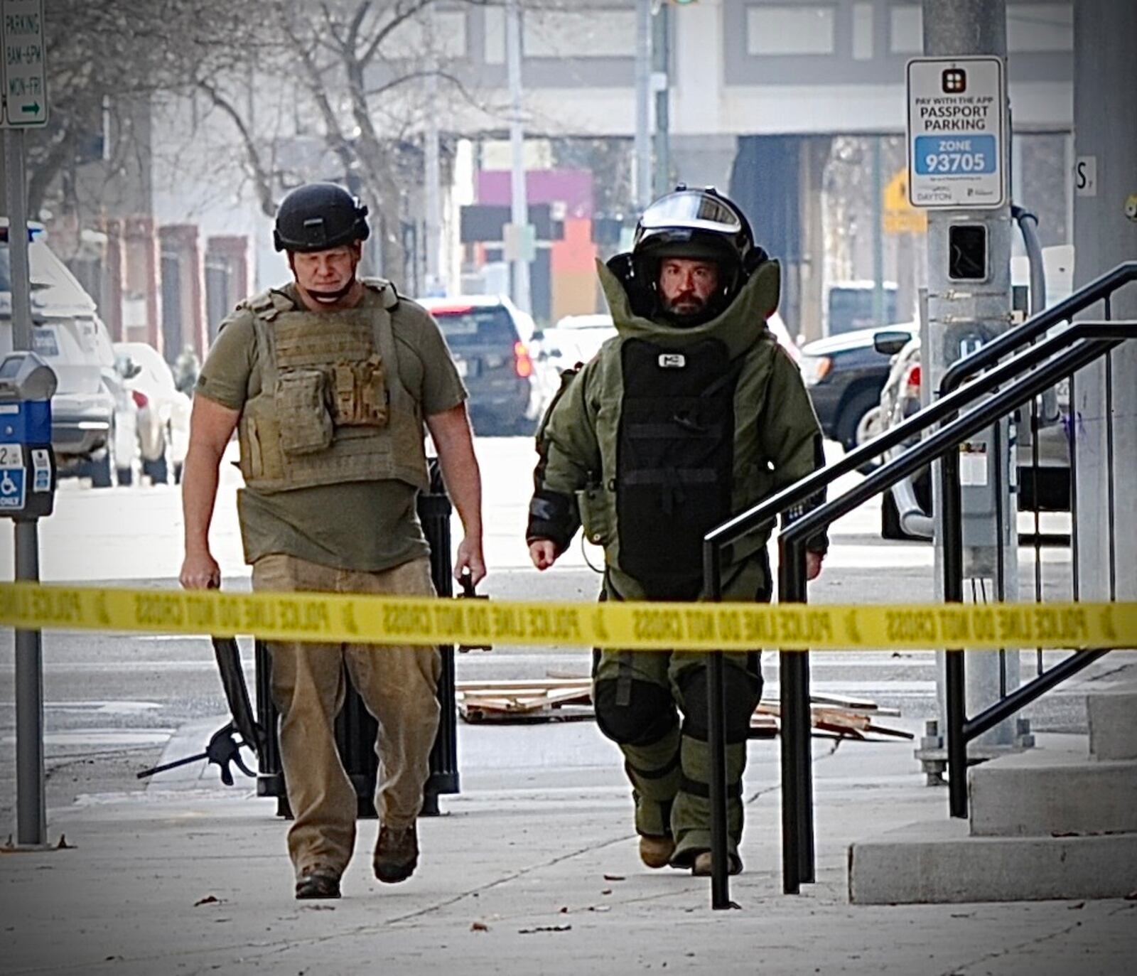 Dayton Bomb Squad and Dayton police investigated a suspicious backpack near City Hall on Tuesday, Nov. 29, 2022. MARSHALL GORBY / STAFF