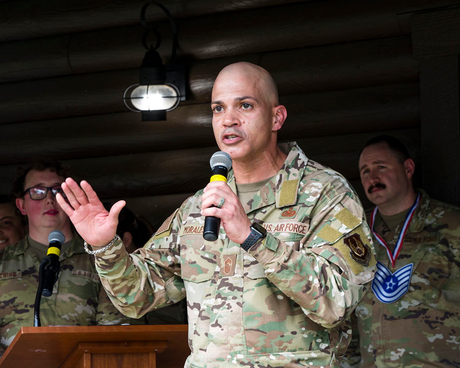 Chief Master Sgt. Lloyd Morales, 88th Air Base Wing command chief, speaks during the technical sergeant release party July 27 at Wright-Patterson Air Force Base. U.S. AIR FORCE PHOTO/JAIMA FOGG