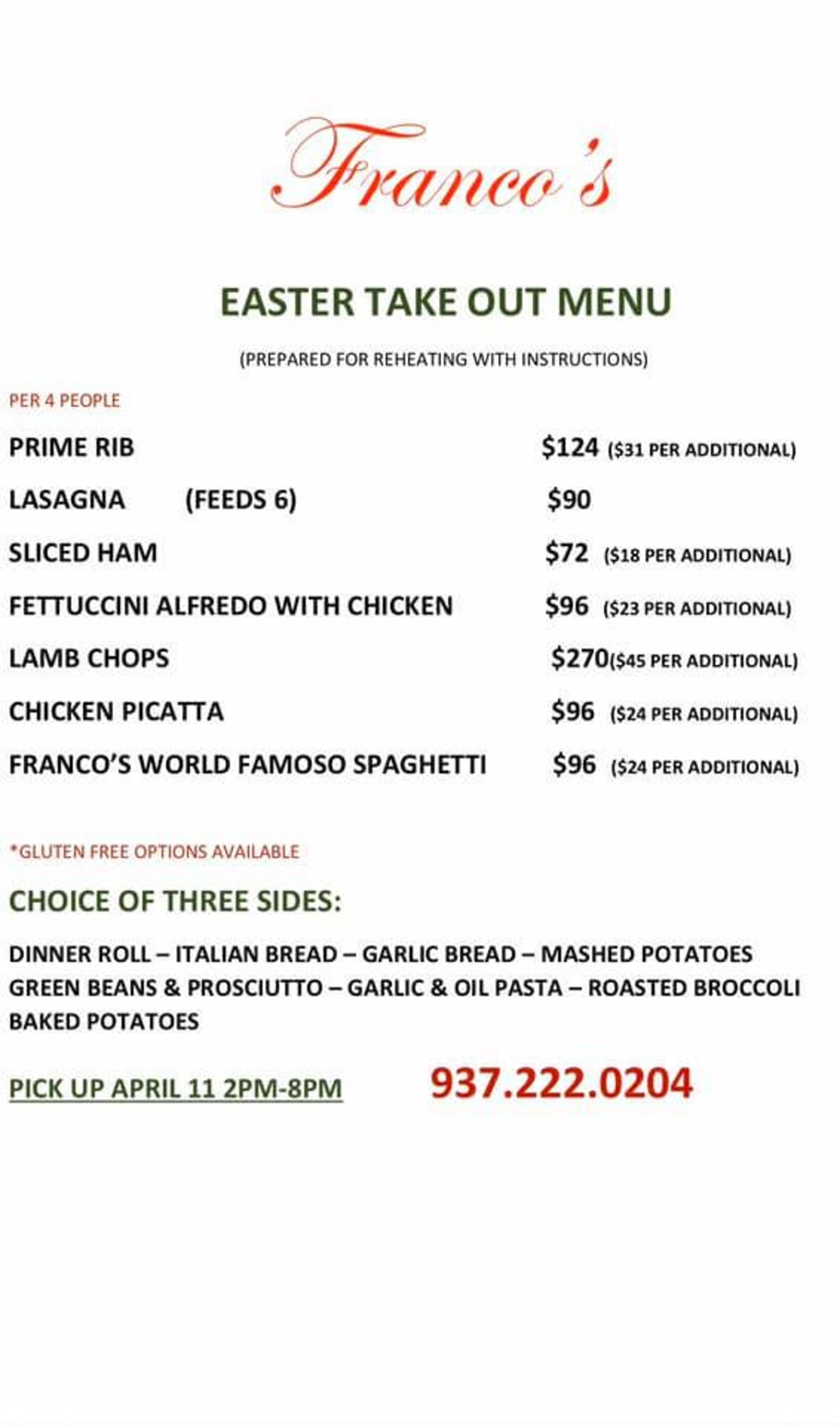 These are the Dayton-area restaurants and grocery stores offering carryout Easter dinners amid the coronavirus pandemic.