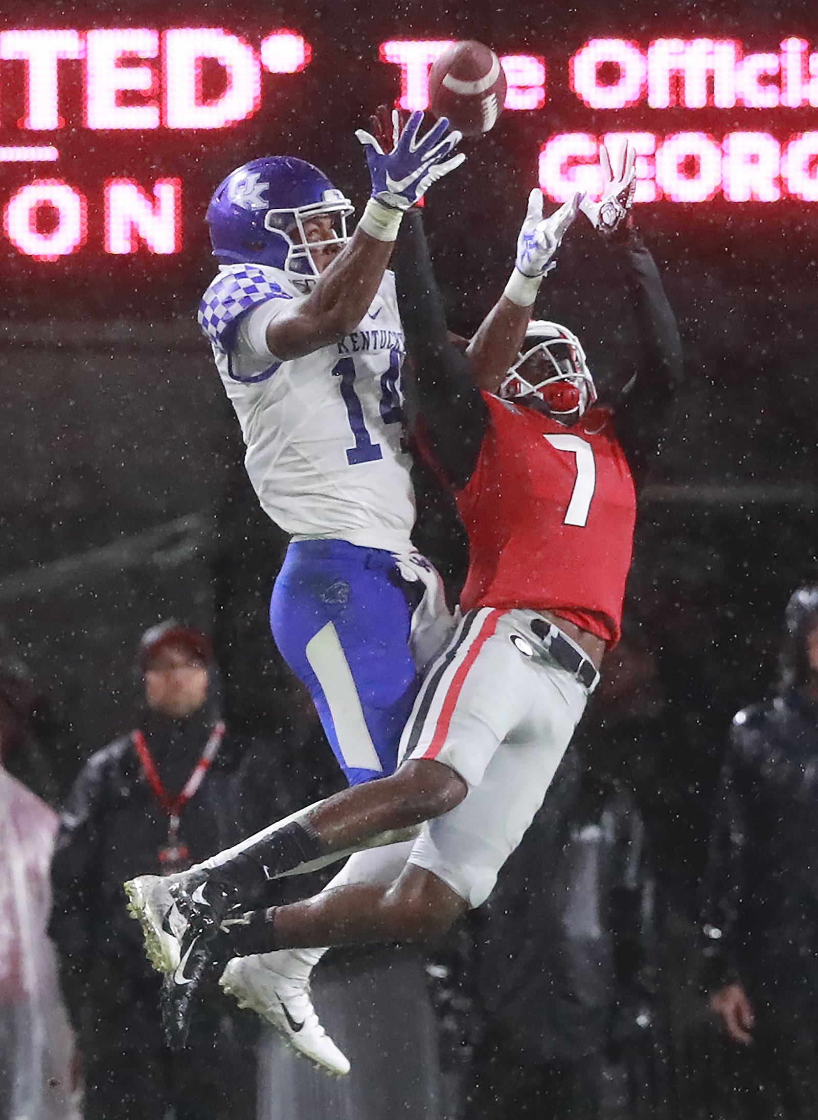 Georgia defensive back Tyrique Stevenson breaks up a pass to Kentucky wide receiver Ahmad Wagner on fourth down during the fourth quarter to hold on to the shutout.    Curtis Compton/ccompton@ajc.com