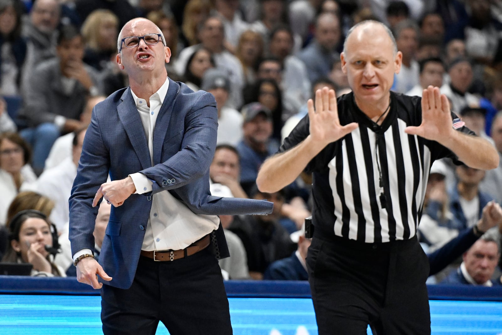 UConn head coach Dan Hurley, left, reacts to a call in the second half of an NCAA college basketball game against Creighton, Saturday, Jan. 18, 2025, in Storrs, Conn. (AP Photo/Jessica Hill)