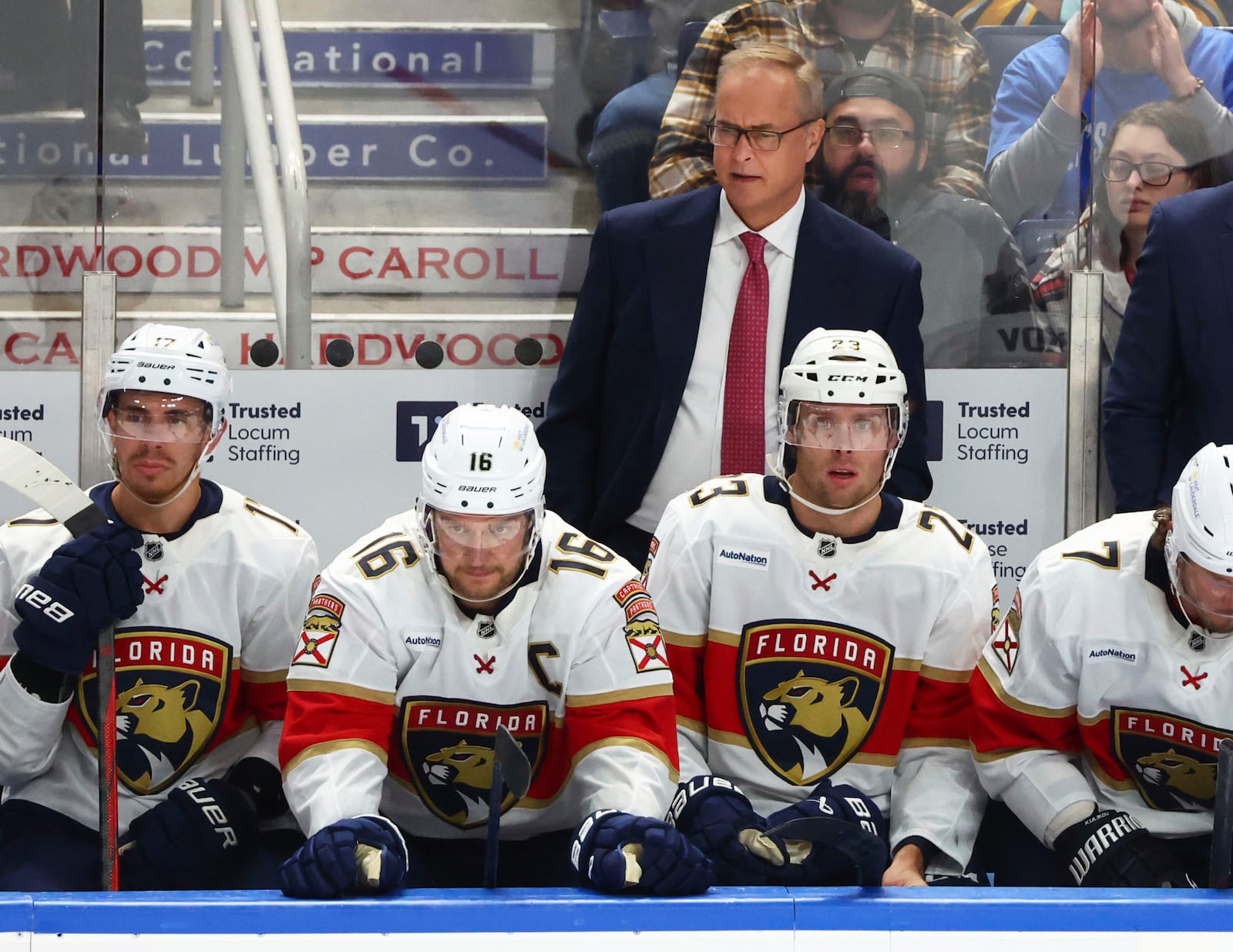 Florida Panthers head coach Paul Maurice, center top, looks on during the third period of an NHL hockey game against the Buffalo Sabres, Monday, Oct. 28, 2024, in Buffalo, N.Y. (AP Photo/Jeffrey T. Barnes)