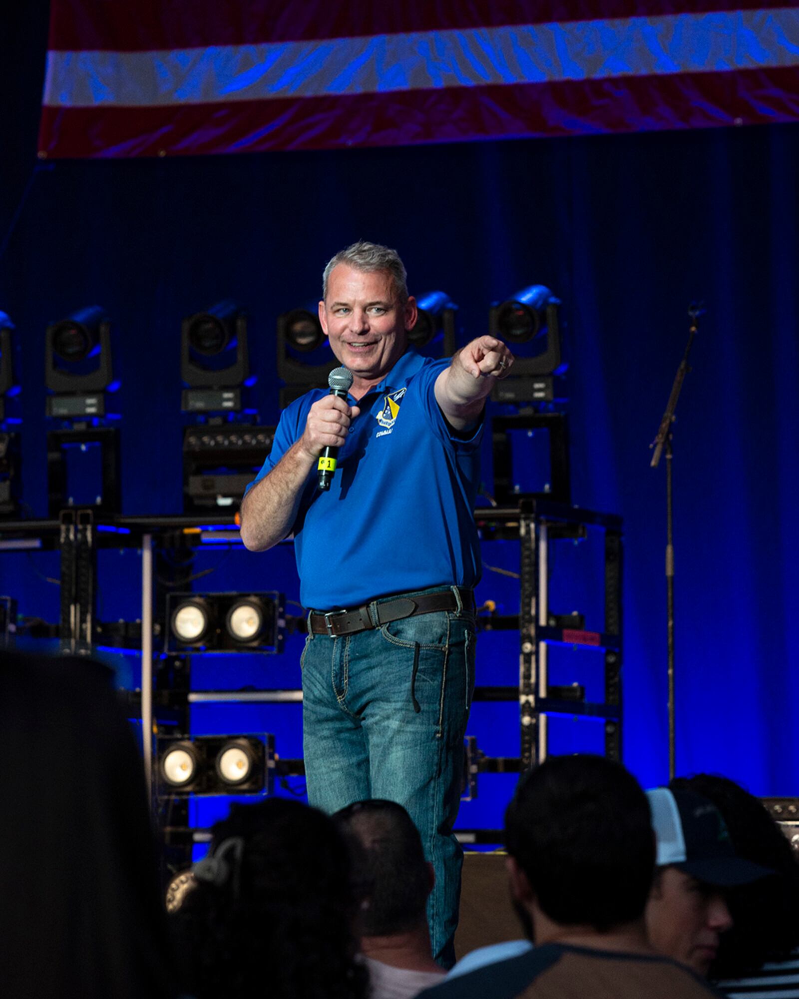 Col. Christopher Meeker, 88th Air Base Wing and Wright-Patterson Air Force Base commander, gives a shoutout to the crowd during a Hometown Heroes military appreciation concert Aug. 11 at Fraze Pavilion in Kettering. U.S. AIR FORCE PHOTO/JAIMA FOGG