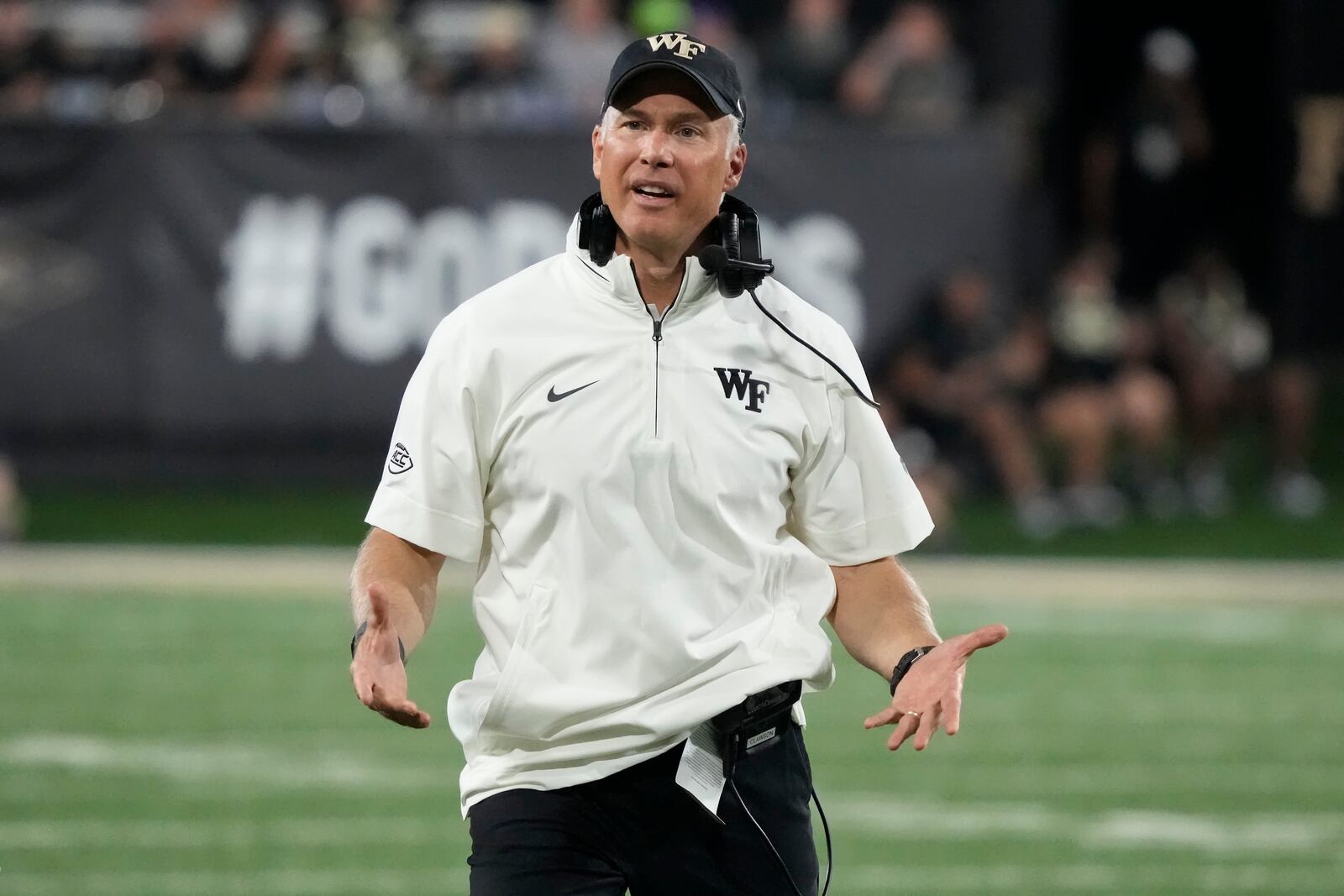 Wake Forest head coach Dave Clawson argues a call during the second half of an NCAA football game against Mississippi in Winston-Salem, N.C., Saturday, Sept. 14, 2024. (AP Photo/Chuck Burton, File)