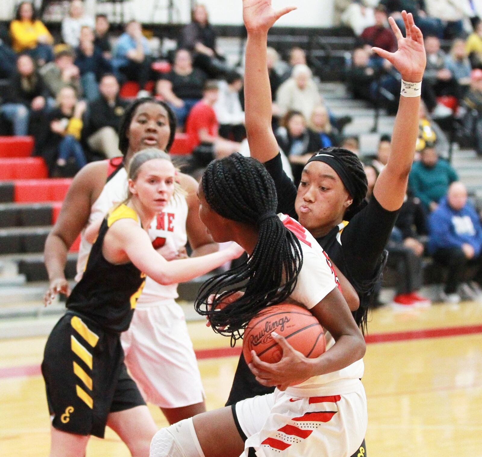 Bree Hall of Wayne (with ball) is checked by Cotie McMahon of Centerville. Wayne defeated visiting Centerville 56-37 in a GWOC girls high school basketball game on Wednesday, Dec. 11, 2019. MARC PENDLETON / STAFF